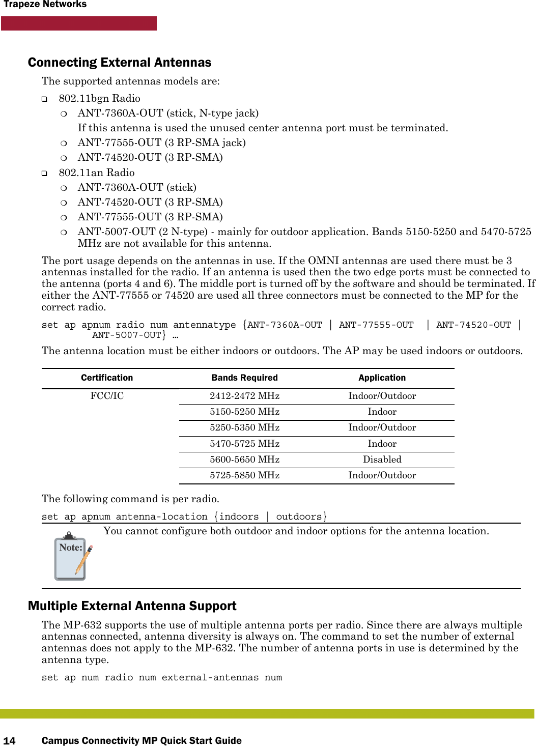 Campus Connectivity MP Quick Start Guide14Trapeze NetworksConnecting External AntennasThe supported antennas models are:❑802.11bgn Radio❍ANT-7360A-OUT (stick, N-type jack)If this antenna is used the unused center antenna port must be terminated.❍ANT-77555-OUT (3 RP-SMA jack)❍ANT-74520-OUT (3 RP-SMA)❑802.11an Radio❍ANT-7360A-OUT (stick)❍ANT-74520-OUT (3 RP-SMA)❍ANT-77555-OUT (3 RP-SMA)❍ANT-5007-OUT (2 N-type) - mainly for outdoor application. Bands 5150-5250 and 5470-5725 MHz are not available for this antenna.The port usage depends on the antennas in use. If the OMNI antennas are used there must be 3 antennas installed for the radio. If an antenna is used then the two edge ports must be connected to the antenna (ports 4 and 6). The middle port is turned off by the software and should be terminated. If either the ANT-77555 or 74520 are used all three connectors must be connected to the MP for the correct radio.set ap apnum radio num antennatype {ANT-7360A-OUT | ANT-77555-OUT  | ANT-74520-OUT | ANT-5O07-OUT} …The antenna location must be either indoors or outdoors. The AP may be used indoors or outdoors. The following command is per radio.set ap apnum antenna-location {indoors | outdoors}Multiple External Antenna SupportThe MP-632 supports the use of multiple antenna ports per radio. Since there are always multiple antennas connected, antenna diversity is always on. The command to set the number of external antennas does not apply to the MP-632. The number of antenna ports in use is determined by the antenna type.set ap num radio num external-antennas numCertification Bands Required ApplicationFCC/IC 2412-2472 MHz  Indoor/Outdoor5150-5250 MHz Indoor5250-5350 MHz Indoor/Outdoor5470-5725 MHz Indoor5600-5650 MHz Disabled5725-5850 MHz Indoor/OutdoorNote:You cannot configure both outdoor and indoor options for the antenna location. 