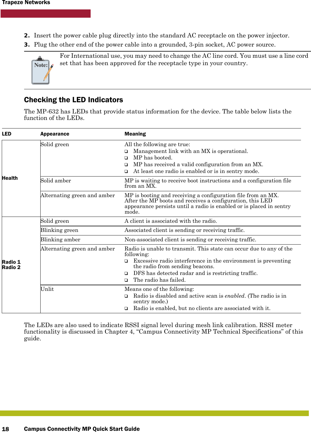 Campus Connectivity MP Quick Start Guide18Trapeze Networks2. Insert the power cable plug directly into the standard AC receptacle on the power injector.3. Plug the other end of the power cable into a grounded, 3-pin socket, AC power source.Checking the LED IndicatorsThe MP-632 has LEDs that provide status information for the device. The table below lists the function of the LEDs. The LEDs are also used to indicate RSSI signal level during mesh link calibration. RSSI meter functionality is discussed in Chapter 4, “Campus Connectivity MP Technical Specifications” of this guide.Note:For International use, you may need to change the AC line cord. You must use a line cord set that has been approved for the receptacle type in your country.LED Appearance MeaningHealthSolid green All the following are true:❑Management link with an MX is operational.❑MP has booted.❑MP has received a valid configuration from an MX.❑At least one radio is enabled or is in sentry mode.Solid amber MP is waiting to receive boot instructions and a configuration file from an MX. Alternating green and amber MP is booting and receiving a configuration file from an MX. After the MP boots and receives a configuration, this LED appearance persists until a radio is enabled or is placed in sentry mode.Radio 1 Radio 2Solid green A client is associated with the radio.Blinking green Associated client is sending or receiving traffic.Blinking amber Non-associated client is sending or receiving traffic.Alternating green and amber Radio is unable to transmit. This state can occur due to any of the following:❑Excessive radio interference in the environment is preventing the radio from sending beacons.❑DFS has detected radar and is restricting traffic.❑The radio has failed.Unlit Means one of the following:❑Radio is disabled and active scan is enabled. (The radio is in sentry mode.)❑Radio is enabled, but no clients are associated with it.