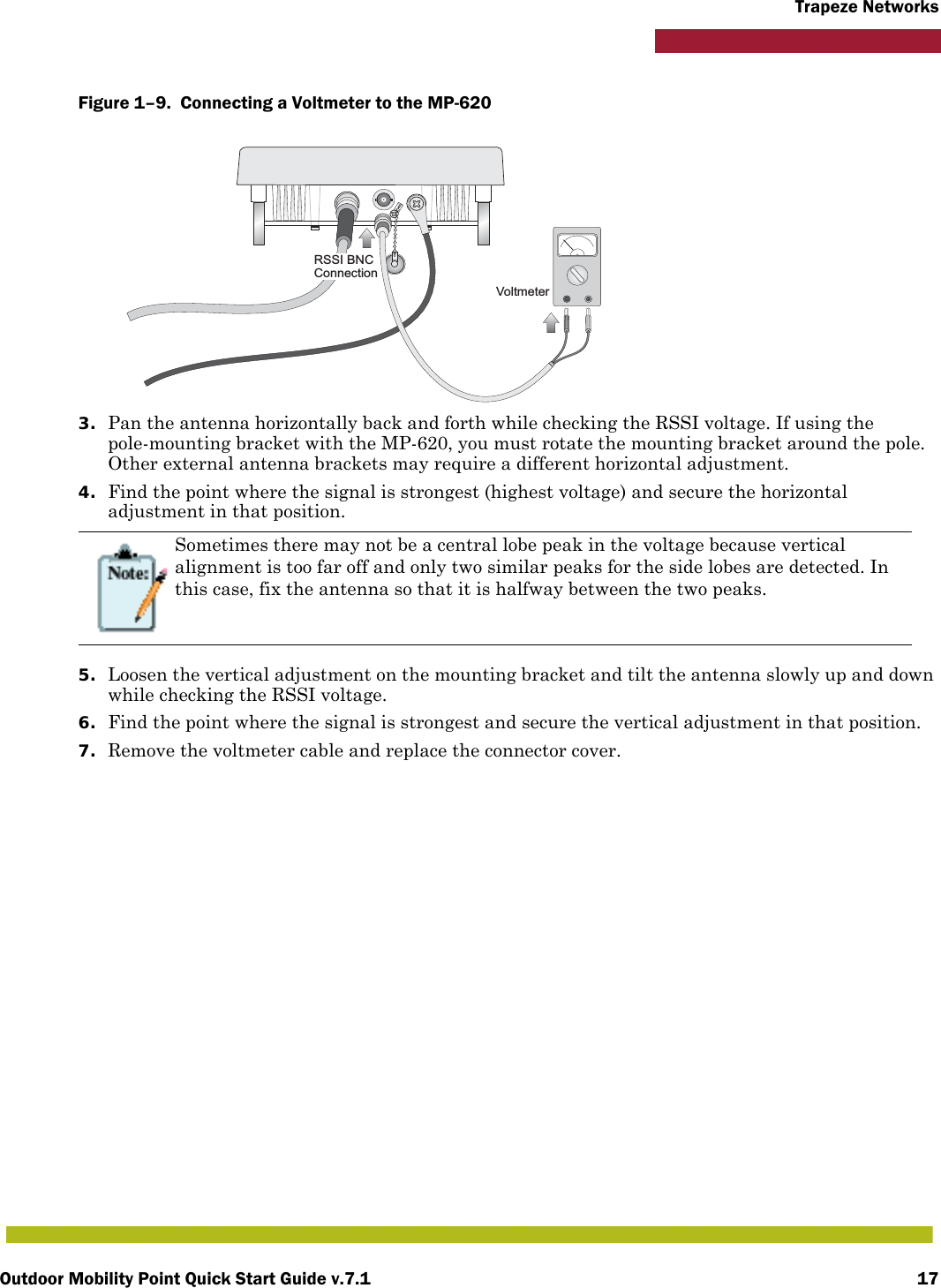 Outdoor Mobility Point Quick Start Guide v.7.1 17Trapeze NetworksFigure 1–9.  Connecting a Voltmeter to the MP-620   3. Pan the antenna horizontally back and forth while checking the RSSI voltage. If using the pole-mounting bracket with the MP-620, you must rotate the mounting bracket around the pole. Other external antenna brackets may require a different horizontal adjustment.4. Find the point where the signal is strongest (highest voltage) and secure the horizontal adjustment in that position.5. Loosen the vertical adjustment on the mounting bracket and tilt the antenna slowly up and down while checking the RSSI voltage.6. Find the point where the signal is strongest and secure the vertical adjustment in that position.7. Remove the voltmeter cable and replace the connector cover.Sometimes there may not be a central lobe peak in the voltage because vertical alignment is too far off and only two similar peaks for the side lobes are detected. In this case, fix the antenna so that it is halfway between the two peaks.VoltmeterRSSI BNCConnection