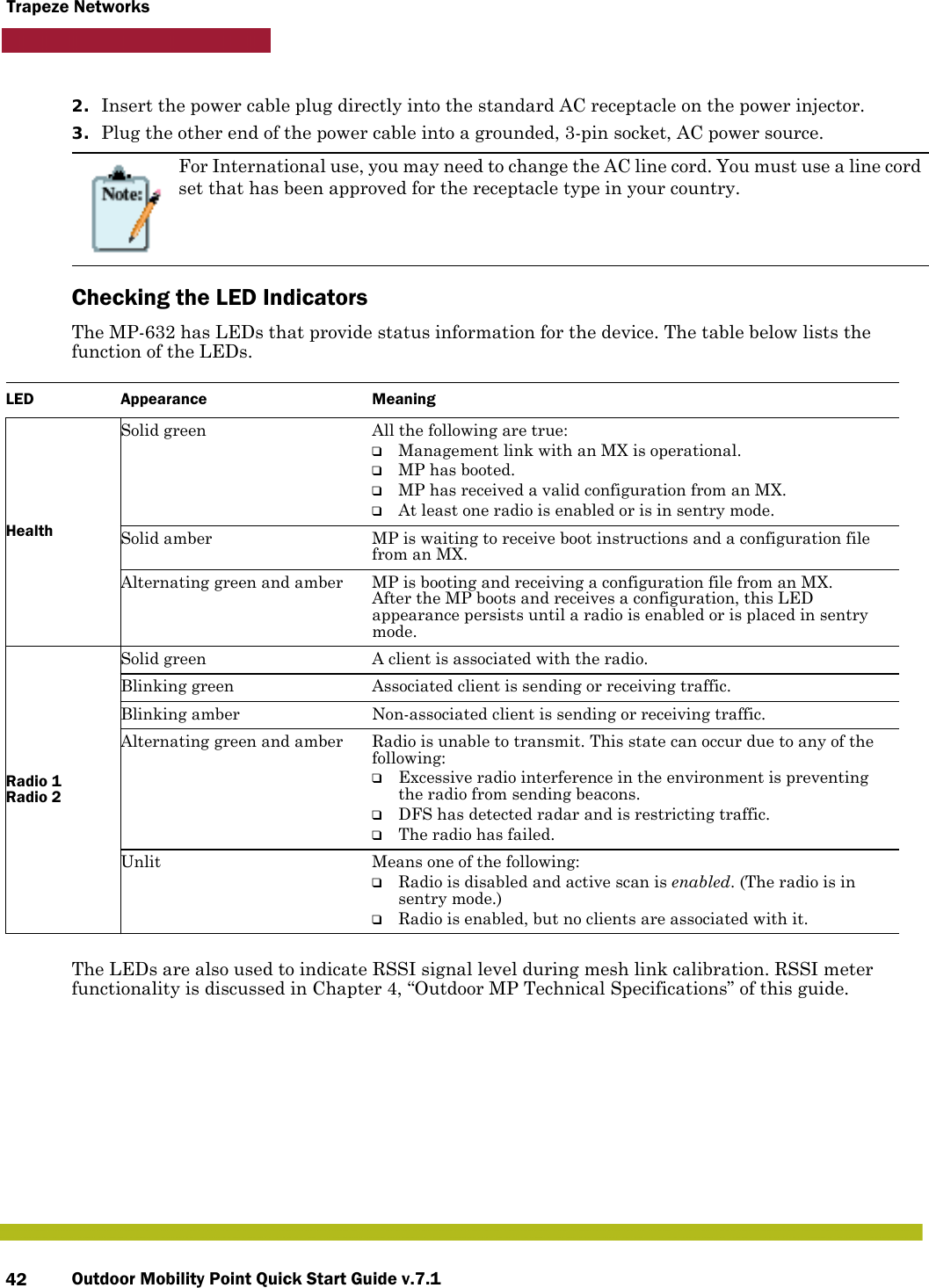 Outdoor Mobility Point Quick Start Guide v.7.142Trapeze Networks2. Insert the power cable plug directly into the standard AC receptacle on the power injector.3. Plug the other end of the power cable into a grounded, 3-pin socket, AC power source.Checking the LED IndicatorsThe MP-632 has LEDs that provide status information for the device. The table below lists the function of the LEDs. The LEDs are also used to indicate RSSI signal level during mesh link calibration. RSSI meter functionality is discussed in Chapter 4, “Outdoor MP Technical Specifications” of this guide.For International use, you may need to change the AC line cord. You must use a line cord set that has been approved for the receptacle type in your country.LED Appearance MeaningHealthSolid green All the following are true:❑Management link with an MX is operational.❑MP has booted.❑MP has received a valid configuration from an MX.❑At least one radio is enabled or is in sentry mode.Solid amber MP is waiting to receive boot instructions and a configuration file from an MX. Alternating green and amber MP is booting and receiving a configuration file from an MX. After the MP boots and receives a configuration, this LED appearance persists until a radio is enabled or is placed in sentry mode.Radio 1 Radio 2Solid green A client is associated with the radio.Blinking green Associated client is sending or receiving traffic.Blinking amber Non-associated client is sending or receiving traffic.Alternating green and amber Radio is unable to transmit. This state can occur due to any of the following:❑Excessive radio interference in the environment is preventing the radio from sending beacons.❑DFS has detected radar and is restricting traffic.❑The radio has failed.Unlit Means one of the following:❑Radio is disabled and active scan is enabled. (The radio is in sentry mode.)❑Radio is enabled, but no clients are associated with it.