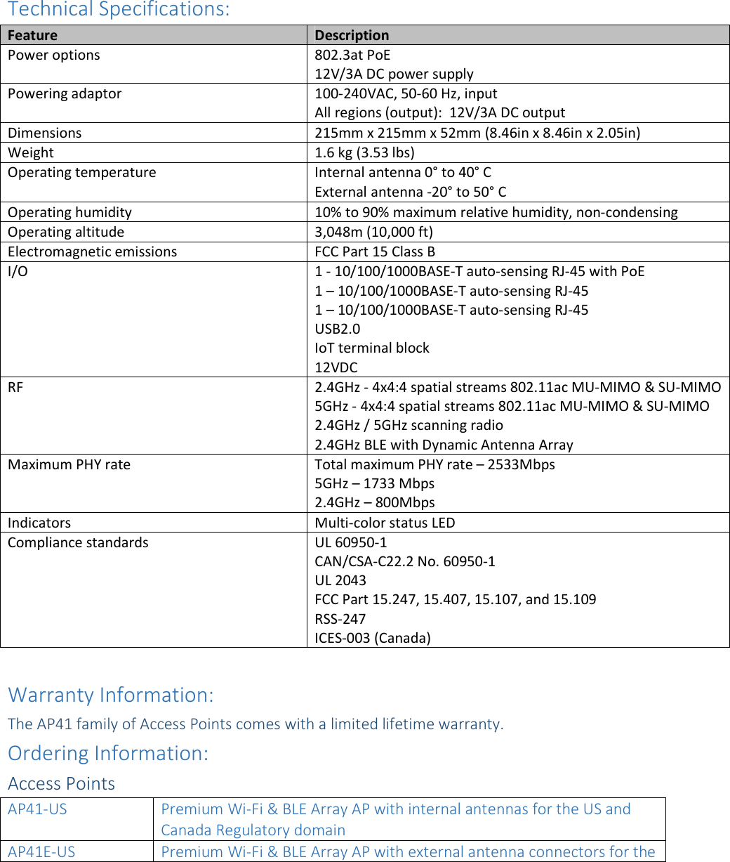  Technical Specifications: Feature Description Power options 802.3at PoE 12V/3A DC power supply Powering adaptor 100-240VAC, 50-60 Hz, input All regions (output):  12V/3A DC output Dimensions 215mm x 215mm x 52mm (8.46in x 8.46in x 2.05in) Weight 1.6 kg (3.53 lbs) Operating temperature Internal antenna 0° to 40° C External antenna -20° to 50° C Operating humidity 10% to 90% maximum relative humidity, non-condensing Operating altitude 3,048m (10,000 ft) Electromagnetic emissions FCC Part 15 Class B I/O 1 - 10/100/1000BASE-T auto-sensing RJ-45 with PoE 1 – 10/100/1000BASE-T auto-sensing RJ-45 1 – 10/100/1000BASE-T auto-sensing RJ-45 USB2.0 IoT terminal block 12VDC RF 2.4GHz - 4x4:4 spatial streams 802.11ac MU-MIMO &amp; SU-MIMO 5GHz - 4x4:4 spatial streams 802.11ac MU-MIMO &amp; SU-MIMO 2.4GHz / 5GHz scanning radio 2.4GHz BLE with Dynamic Antenna Array Maximum PHY rate Total maximum PHY rate – 2533Mbps 5GHz – 1733 Mbps 2.4GHz – 800Mbps Indicators Multi-color status LED  Compliance standards UL 60950-1 CAN/CSA-C22.2 No. 60950-1 UL 2043 FCC Part 15.247, 15.407, 15.107, and 15.109 RSS-247 ICES-003 (Canada)  Warranty Information: The AP41 family of Access Points comes with a limited lifetime warranty. Ordering Information: Access Points AP41-US  Premium Wi-Fi &amp; BLE Array AP with internal antennas for the US and Canada Regulatory domain AP41E-US Premium Wi-Fi &amp; BLE Array AP with external antenna connectors for the 