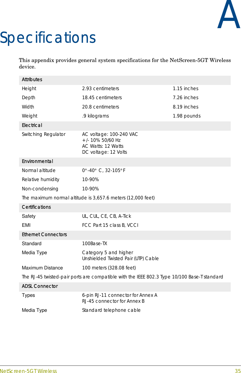 NetScreen-5GT Wireless 35AAppendix ASpecificationsThis appendix provides general system specifications for the NetScreen-5GT Wireless device.AttributesHeight  2.93 centimeters 1.15 inchesDepth 18.45 centimeters 7.26 inchesWidth 20.8 centimeters 8.19 inchesWeight .9 kilograms 1.98 poundsElectricalSwitching Regulator AC voltage: 100-240 VAC+/- 10% 50/60 HzAC Watts: 12 WattsDC voltage: 12 VoltsEnvironmentalNormal altitude 0°-40° C, 32-105°FRelative humidity 10-90%Non-condensing 10-90%The maximum normal altitude is 3,657.6 meters (12,000 feet)CertificationsSafety UL, CUL, CE, CB, A-TickEMI FCC Part 15 class B, VCCIEthernet ConnectorsStandard 100Base-TXMedia Type Category 5 and higher Unshielded Twisted Pair (UTP) CableMaximum Distance 100 meters (328.08 feet)The RJ-45 twisted-pair ports are compatible with the IEEE 802.3 Type 10/100 Base-T standardADSL ConnectorTypes 6-pin RJ-11 connector for Annex ARJ-45 connector for Annex BMedia Type Standard telephone cable