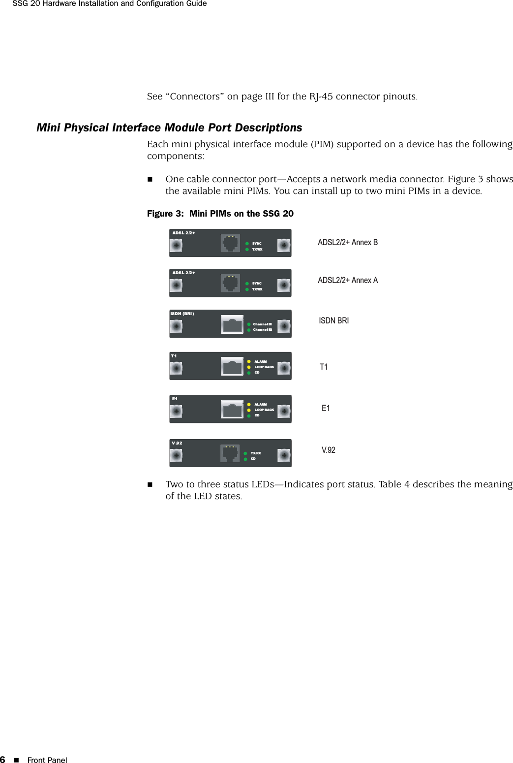 SSG 20 Hardware Installation and Configuration Guide6Front PanelSee “Connectors” on page III for the RJ-45 connector pinouts.Mini Physical Interface Module Port DescriptionsEach mini physical interface module (PIM) supported on a device has the following components:One cable connector port—Accepts a network media connector. Figure 3 shows the available mini PIMs. You can install up to two mini PIMs in a device.Figure 3:  Mini PIMs on the SSG 20Two to three status LEDs—Indicates port status. Table 4 describes the meaning of the LED states.ISDN BRIT1V.92 E1 ADSL2/2+ Annex AADSL2/2+ Annex BADSL 2/2+TX/RXSYNCADSL 2/2+TX/RXSYNCV.92CDTX/RXT1CDL OOP  BACKALARME1CDL OOP  BACKALARMISDN (BRI )Channel B2Channel B1