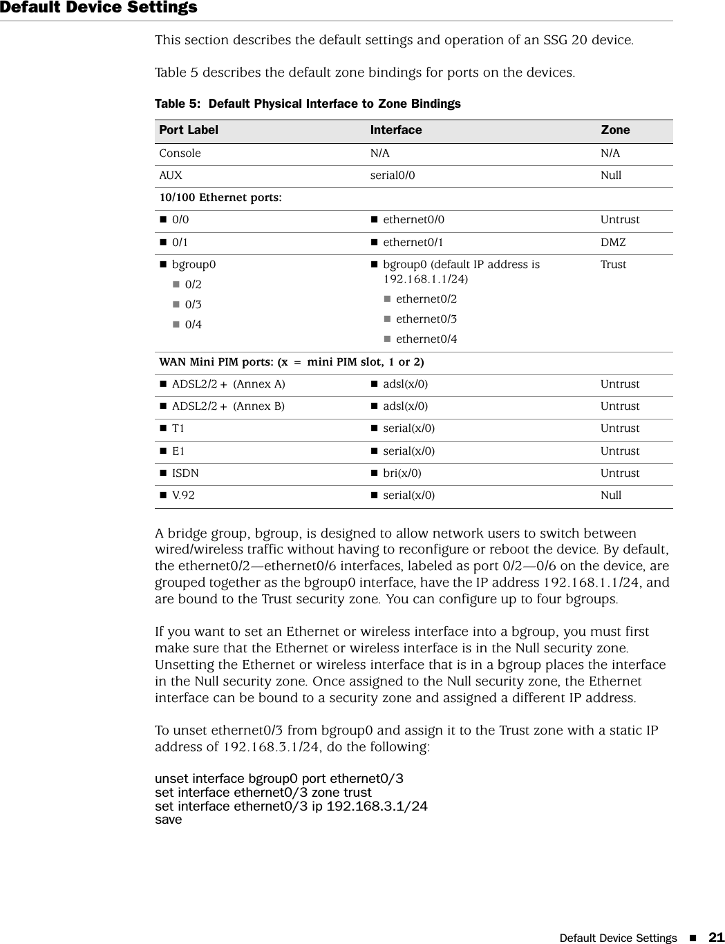 Default Device Settings 21Default Device SettingsThis section describes the default settings and operation of an SSG 20 device.Table 5 describes the default zone bindings for ports on the devices.Table 5:  Default Physical Interface to Zone BindingsA bridge group, bgroup, is designed to allow network users to switch between wired/wireless traffic without having to reconfigure or reboot the device. By default, the ethernet0/2—ethernet0/6 interfaces, labeled as port 0/2—0/6 on the device, are grouped together as the bgroup0 interface, have the IP address 192.168.1.1/24, and are bound to the Trust security zone. You can configure up to four bgroups.If you want to set an Ethernet or wireless interface into a bgroup, you must first make sure that the Ethernet or wireless interface is in the Null security zone. Unsetting the Ethernet or wireless interface that is in a bgroup places the interface in the Null security zone. Once assigned to the Null security zone, the Ethernet interface can be bound to a security zone and assigned a different IP address.To unset ethernet0/3 from bgroup0 and assign it to the Trust zone with a static IP address of 192.168.3.1/24, do the following:unset interface bgroup0 port ethernet0/3set interface ethernet0/3 zone trustset interface ethernet0/3 ip 192.168.3.1/24savePort Label Interface ZoneConsole N/A N/AAUX serial0/0 Null10/100 Ethernet ports:0/0 ethernet0/0 Untrust0/1 ethernet0/1 DMZbgroup00/20/30/4bgroup0 (default IP address is 192.168.1.1/24)ethernet0/2ethernet0/3ethernet0/4TrustWAN Mini PIM ports: (x = mini PIM slot, 1 or 2)ADSL2/2+ (Annex A) adsl(x/0) UntrustADSL2/2+ (Annex B) adsl(x/0) UntrustT1 serial(x/0) UntrustE1 serial(x/0) UntrustISDN bri(x/0) UntrustV.92 serial(x/0) Null