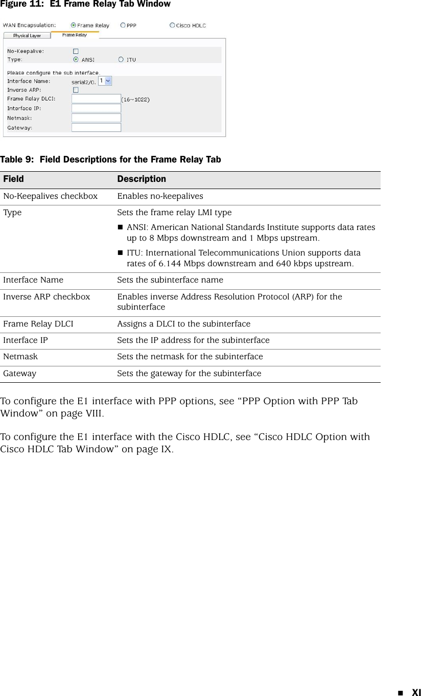 XIFigure 11:  E1 Frame Relay Tab WindowTable 9:  Field Descriptions for the Frame Relay TabTo configure the E1 interface with PPP options, see “PPP Option with PPP Tab Window” on page VIII.To configure the E1 interface with the Cisco HDLC, see “Cisco HDLC Option with Cisco HDLC Tab Window” on page IX.Field DescriptionNo-Keepalives checkbox Enables no-keepalivesType Sets the frame relay LMI typeANSI: American National Standards Institute supports data rates up to 8 Mbps downstream and 1 Mbps upstream.ITU: International Telecommunications Union supports data rates of 6.144 Mbps downstream and 640 kbps upstream.Interface Name Sets the subinterface nameInverse ARP checkbox Enables inverse Address Resolution Protocol (ARP) for the subinterfaceFrame Relay DLCI Assigns a DLCI to the subinterfaceInterface IP Sets the IP address for the subinterfaceNetmask Sets the netmask for the subinterfaceGateway Sets the gateway for the subinterface