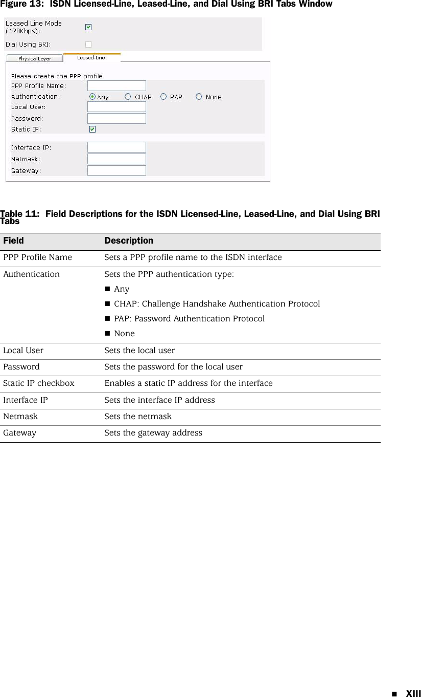 XIIIFigure 13:  ISDN Licensed-Line, Leased-Line, and Dial Using BRI Tabs WindowTable 11:  Field Descriptions for the ISDN Licensed-Line, Leased-Line, and Dial Using BRI TabsField DescriptionPPP Profile Name Sets a PPP profile name to the ISDN interfaceAuthentication Sets the PPP authentication type:AnyCHAP: Challenge Handshake Authentication ProtocolPAP: Password Authentication ProtocolNoneLocal User Sets the local userPassword Sets the password for the local userStatic IP checkbox Enables a static IP address for the interfaceInterface IP Sets the interface IP addressNetmask Sets the netmaskGateway Sets the gateway address