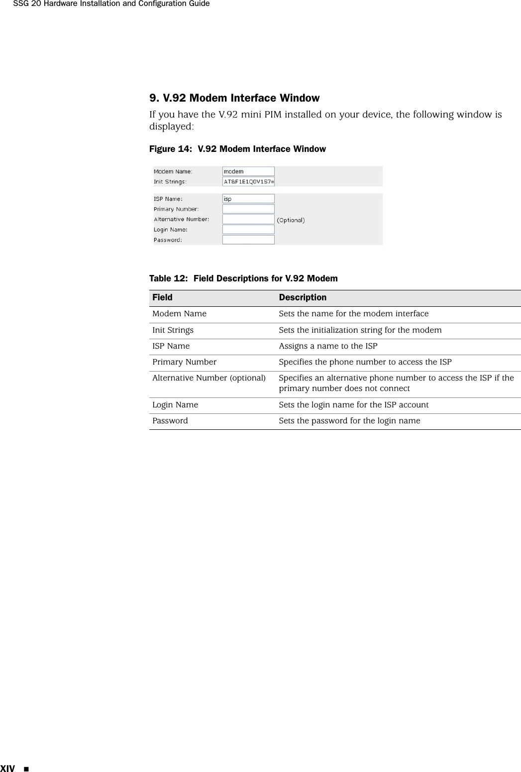 SSG 20 Hardware Installation and Configuration GuideXIV 9. V.92 Modem Interface WindowIf you have the V.92 mini PIM installed on your device, the following window is displayed:Figure 14:  V.92 Modem Interface WindowTable 12:  Field Descriptions for V.92 ModemField DescriptionModem Name Sets the name for the modem interfaceInit Strings Sets the initialization string for the modemISP Name Assigns a name to the ISPPrimary Number Specifies the phone number to access the ISPAlternative Number (optional) Specifies an alternative phone number to access the ISP if the primary number does not connectLogin Name Sets the login name for the ISP accountPassword Sets the password for the login name