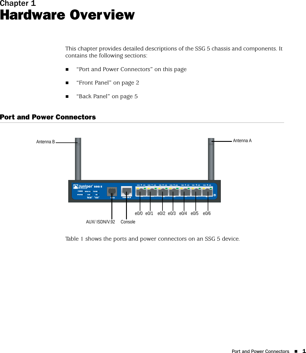 Port and Power Connectors 1Chapter 1Hardware OverviewThis chapter provides detailed descriptions of the SSG 5 chassis and components. It contains the following sections:“Port and Power Connectors” on this page“Front Panel” on page 2“Back Panel” on page 5Port and Power ConnectorsTable 1 shows the ports and power connectors on an SSG 5 device.SSG 5V.9 2STATUSPOWERCONSOL E  TX / RX CD0123 456TX/RX LINK TX/RX LINK TX/RX LI NK TX/ RX LI NK T X/RX L I NK TX/RX L I NK T X/ RX LI NK10/100 10/100 10/100 10/100 10/100 10/100 10/100  B /GWLAN V.92802.11AAntenna AAntenna Be0/6e0/5e0/4e0/3e0/2e0/1e0/0ConsoleAUX/ ISDN/V.92