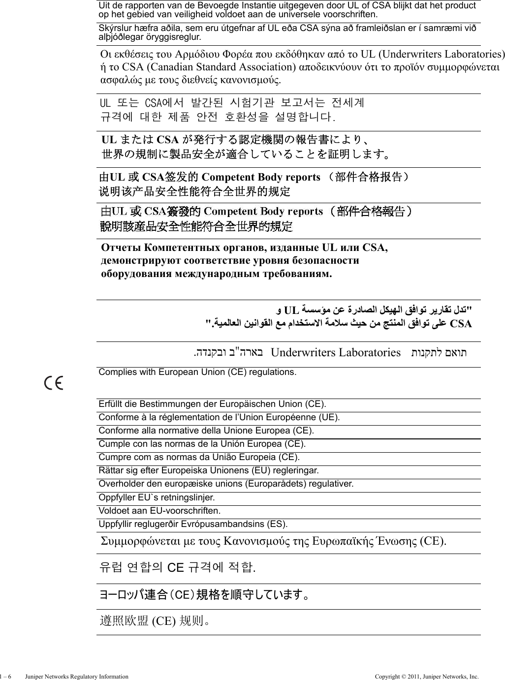 1 – 6     Juniper Networks Regulatory Information Copyright © 2011, Juniper Networks, Inc.Uit de rapporten van de Bevoegde Instantie uitgegeven door UL of CSA blijkt dat het product op het gebied van veiligheid voldoet aan de universele voorschriften.Skýrslur hæfra aðila, sem eru útgefnar af UL eða CSA sýna að framleiðslan er í samræmi við alþjóðlegar öryggisreglur.Complies with European Union (CE) regulations.Erfüllt die Bestimmungen der Europäischen Union (CE).Conforme à la réglementation de l’Union Européenne (UE).Conforme alla normative della Unione Europea (CE).Cumple con las normas de la Unión Europea (CE).Cumpre com as normas da União Europeia (CE).Rättar sig efter Europeiska Unionens (EU) regleringar.Overholder den europæiske unions (Europarådets) regulativer.Oppfyller EU`s retningslinjer.Voldoet aan EU-voorschriften.Uppfyllir reglugerðir Evrópusambandsins (ES).Οι εκθέσεις του Αρμόδιου Φορέα που εκδόθηκαν από το UL (Underwriters Laboratories)ή το CSA (Canadian Standard Association) αποδεικνύουν ότι το προϊόν συμμορφώνεται  ασφαλώς με τους διεθνείς κανονισμούς. UL 또는 CSA에서 발간된 시험기관 보고서는 전세계  규격에 대한 제품 안전 호환성을 설명합니다. UL または CSA が発行する認定機関の報告書により、 世界の規制に製品安全が適合していることを証明します。 由UL 或 CSA签发的 Competent Body reports （部件合格报告） 说明该产品安全性能符合全世界的规定 Отчеты Компетентных органов, изданные UL или CSA,  демонстрируют соответствие уровня безопасности  оборудования международным требованиям.  ﺔﺴﺳﺆﻣ ﻦﻋ ةردﺎﺼﻟا ﻞﻜﻴﻬﻟا ﻖﻓاﻮﺗ ﺮﻳرﺎﻘﺗ لﺪﺗ&quot;UL و CSA &quot;.ﺔﻴﻤﻟﺎﻌﻟا ﻦﻴﻧاﻮﻘﻟا ﻊﻣ ماﺪﺨﺘﺳﻻا ﺔﻣﻼﺳ ﺚﻴﺣ ﻦﻣ ﺞﺘﻨﻤﻟا ﻖﻓاﻮﺗ ﻰﻠﻋ הראב.הדנקבו ב Underwriters Laboratories תונקתל םאות Συμμορφώνεται με τους Κανονισμούς της Ευρωπαϊκής Ένωσης (CE). 유럽 연합의 CE 규격에 적합. ヨーロッパ連合（CE）規格を順守しています。 遵照欧盟 (CE) 规则。 