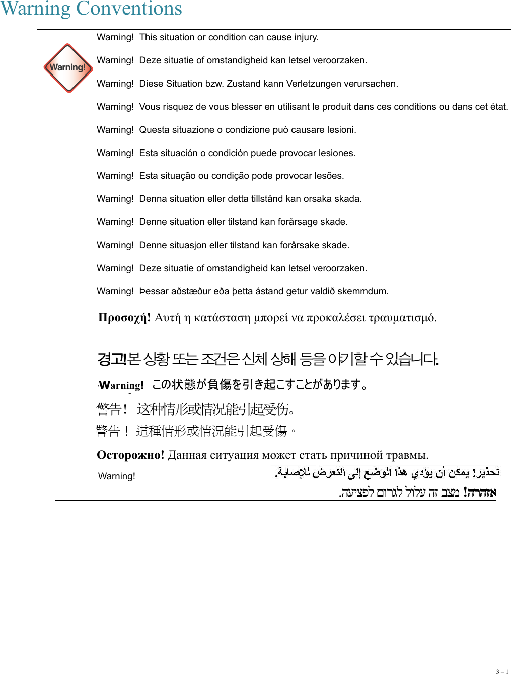 3 – 133Warning Conventions Warning!Warning!  This situation or condition can cause injury. Warning!  Deze situatie of omstandigheid kan letsel veroorzaken. Warning!  Diese Situation bzw. Zustand kann Verletzungen verursachen. Warning!  Vous risquez de vous blesser en utilisant le produit dans ces conditions ou dans cet état. Warning!  Questa situazione o condizione può causare lesioni. Warning!  Esta situación o condición puede provocar lesiones. Warning!  Esta situação ou condição pode provocar lesões. Warning!  Denna situation eller detta tillstånd kan orsaka skada. Warning!  Denne situation eller tilstand kan forårsage skade. Warning!  Denne situasjon eller tilstand kan forårsake skade. Warning!  Deze situatie of omstandigheid kan letsel veroorzaken. Warning!  Þessar aðstæður eða þetta ástand getur valdið skemmdum.  Warning!  Warning!  Warning!  Warning!  Warning!  Warning!  Warning!  Προσοχή! Αυτή η κατάσταση μπορεί να προκαλέσει τραυματισμό. 경고!본 상황 또는 조건은 신체 상해 등을 야기할 수 있습니다. Warning!  この状態が負傷を引き起こすことがあります。 警告！ 这种情形或情况能引起受伤。 警告！ 這種情形或情況能引起受傷。 Осторожно! Данная ситуация может стать причиной травмы. הרהזא!  בצמ הז לולע םורגל העיצפל. 