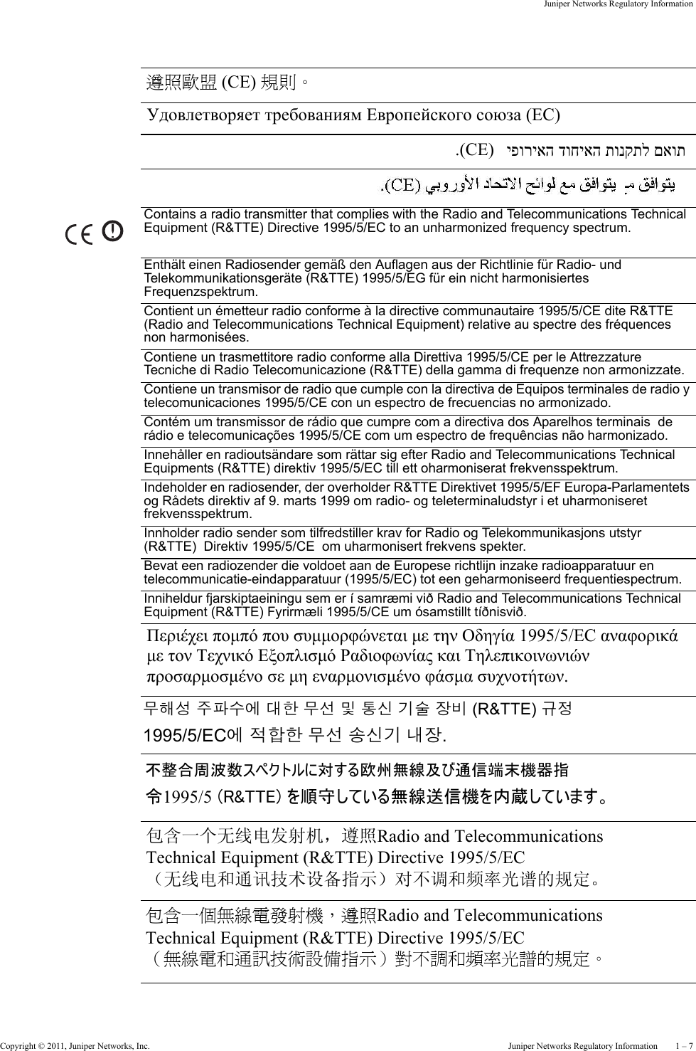 Copyright © 2011, Juniper Networks, Inc.  Juniper Networks Regulatory Information    1 – 7Juniper Networks Regulatory InformationContains a radio transmitter that complies with the Radio and Telecommunications Technical Equipment (R&amp;TTE) Directive 1995/5/EC to an unharmonized frequency spectrum.Enthält einen Radiosender gemäß den Auflagen aus der Richtlinie für Radio- und Telekommunikationsgeräte (R&amp;TTE) 1995/5/EG für ein nicht harmonisiertes Frequenzspektrum.Contient un émetteur radio conforme à la directive communautaire 1995/5/CE dite R&amp;TTE (Radio and Telecommunications Technical Equipment) relative au spectre des fréquences non harmonisées.Contiene un trasmettitore radio conforme alla Direttiva 1995/5/CE per le Attrezzature Tecniche di Radio Telecomunicazione (R&amp;TTE) della gamma di frequenze non armonizzate.Contiene un transmisor de radio que cumple con la directiva de Equipos terminales de radio y telecomunicaciones 1995/5/CE con un espectro de frecuencias no armonizado.Contém um transmissor de rádio que cumpre com a directiva dos Aparelhos terminais  de rádio e telecomunicações 1995/5/CE com um espectro de frequências não harmonizado.Innehåller en radioutsändare som rättar sig efter Radio and Telecommunications Technical Equipments (R&amp;TTE) direktiv 1995/5/EC till ett oharmoniserat frekvensspektrum.Indeholder en radiosender, der overholder R&amp;TTE Direktivet 1995/5/EF Europa-Parlamentets og Rådets direktiv af 9. marts 1999 om radio- og teleterminaludstyr i et uharmoniseret frekvensspektrum.Innholder radio sender som tilfredstiller krav for Radio og Telekommunikasjons utstyr (R&amp;TTE)  Direktiv 1995/5/CE  om uharmonisert frekvens spekter.Bevat een radiozender die voldoet aan de Europese richtlijn inzake radioapparatuur en telecommunicatie-eindapparatuur (1995/5/EC) tot een geharmoniseerd frequentiespectrum.Inniheldur fjarskiptaeiningu sem er í samræmi við Radio and Telecommunications Technical Equipment (R&amp;TTE) Fyrirmæli 1995/5/CE um ósamstillt tíðnisvið.遵照歐盟 (CE) 規則。 Удовлетворяет требованиям Европейского союза (ЕС) .(CE)  יפוריאה דוחיאה תונקתל םאות Περιέχει πομπό που συμμορφώνεται με την Οδηγία 1995/5/ΕC αναφορικά  με τον Τεχνικό Εξοπλισμό Ραδιοφωνίας και Τηλεπικοινωνιών  προσαρμοσμένο σε μη εναρμονισμένο φάσμα συχνοτήτων. 무해성 주파수에 대한 무선 및 통신 기술 장비 (R&amp;TTE) 규정  1995/5/EC에 적합한 무선 송신기 내장. 不整合周波数スペクトルに対する欧州無線及び通信端末機器指 令1995/5 (R&amp;TTE) を順守している無線送信機を内蔵しています。 包含一个无线电发射机，遵照Radio and Telecommunications  Technical Equipment (R&amp;TTE) Directive 1995/5/EC （无线电和通讯技术设备指示）对不调和频率光谱的规定。 包含一個無線電發射機，遵照Radio and Telecommunications  Technical Equipment (R&amp;TTE) Directive 1995/5/EC （無線電和通訊技術設備指示）對不調和頻率光譜的規定。 