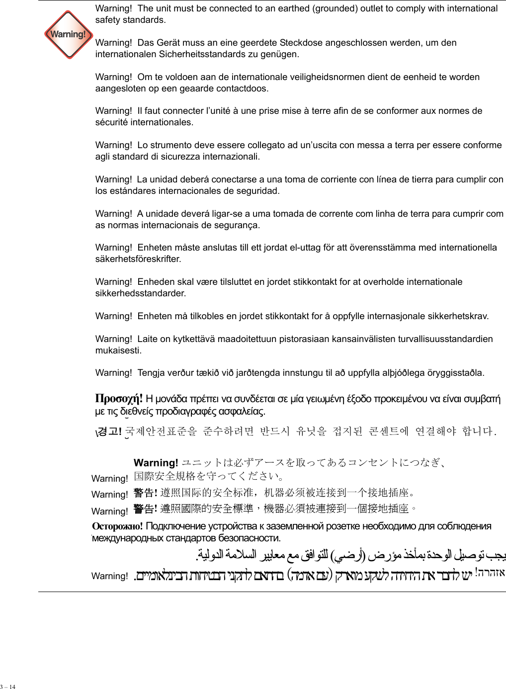3 – 14      Warning!Warning!  The unit must be connected to an earthed (grounded) outlet to comply with international safety standards. Warning!  Das Gerät muss an eine geerdete Steckdose angeschlossen werden, um den internationalen Sicherheitsstandards zu genügen. Warning!  Om te voldoen aan de internationale veiligheidsnormen dient de eenheid te worden aangesloten op een geaarde contactdoos. Warning!  Il faut connecter l’unité à une prise mise à terre afin de se conformer aux normes de sécurité internationales. Warning!  Lo strumento deve essere collegato ad un’uscita con messa a terra per essere conforme agli standard di sicurezza internazionali. Warning!  La unidad deberá conectarse a una toma de corriente con línea de tierra para cumplir con los estándares internacionales de seguridad. Warning!  A unidade deverá ligar-se a uma tomada de corrente com linha de terra para cumprir com as normas internacionais de segurança. Warning!  Enheten måste anslutas till ett jordat el-uttag för att överensstämma med internationella säkerhetsföreskrifter.  Warning!  Enheden skal være tilsluttet en jordet stikkontakt for at overholde internationale sikkerhedsstandarder. Warning!  Enheten må tilkobles en jordet stikkontakt for å oppfylle internasjonale sikkerhetskrav. Warning!  Laite on kytkettävä maadoitettuun pistorasiaan kansainvälisten turvallisuusstandardien mukaisesti. Warning!  Tengja verður tækið við jarðtengda innstungu til að uppfylla alþjóðlega öryggisstaðla. Warning!  Warning!  Warning!  Warning!  Warning!  Warning!  Warning!  Warning!  Προσοχή! Η μονάδα πρέπει να συνδέεται σε μία γειωμένη έξοδο προκειμένου να είναι συμβατή με τις διεθνείς προδιαγραφές ασφαλείας. 경고! 󰛄󲅳󱺟󲅛󲶳󲉗󲂛󲉗󱭯󲺯󱅻󱏋󱕯󰸳󱰳󲁷󰰲󲂛󲅨󲌗󰵳󲢯󱪓󲰏󱼧󱽇󰘇󲻋󱻓󲻀󰰟󰰻 Warning! ユニットは必ずアースを取ってあるコンセントにつなぎ、 国際安全規格を守ってください。 警告! 遵照国际的安全标准，机器必须被连接到一个接地插座。 警告! 遵照國際的安全標準，機器必須被連接到一個接地插座。 Осторожно! Подключение устройства к заземленной розетке необходимо для соблюдения международных стандартов безопасности.  .ﺔﻴﻟوﺪﻟا ﺔﻣﻼﺴﻟا ﺮﻴﻳﺎﻌﻣ ﻊﻣ ﻖﻓاﻮﺘﻠﻟ (ﻲﺿرأ) ضرﺆﻣ ﺬﺧﺄﻤﺑ ةﺪﺣﻮﻟا ﻞﻴﺻﻮﺗ ﺐﺠﻳ  קראומ עקשל הדיחיה תא רבחל שיהמדא םע.םיימואלניבה תוחיטבה ינקתל םאתהב  הרהזא 