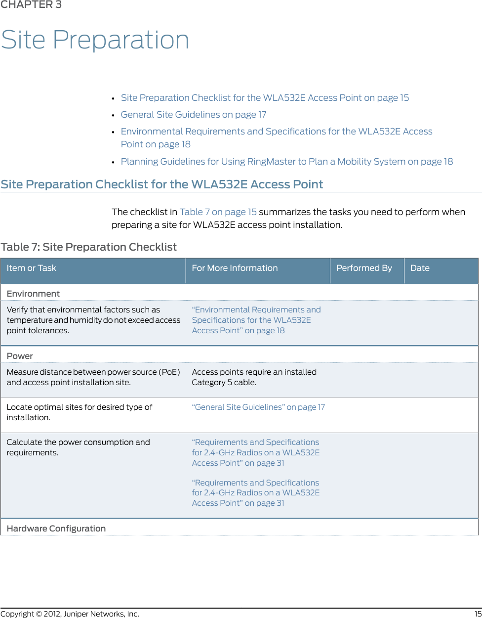 CHAPTER 3Site Preparation•Site Preparation Checklist for the WLA532E Access Point on page 15•General Site Guidelines on page 17•Environmental Requirements and Specifications for the WLA532E AccessPoint on page 18•Planning Guidelines for Using RingMaster to Plan a Mobility System on page 18Site Preparation Checklist for the WLA532E Access PointThe checklist in Table 7 on page 15 summarizes the tasks you need to perform whenpreparing a site for WLA532E access point installation.Table 7: Site Preparation ChecklistDatePerformed ByFor More InformationItem or TaskEnvironment“Environmental Requirements andSpecifications for the WLA532EAccess Point” on page 18Verify that environmental factors such astemperature and humidity do not exceed accesspoint tolerances.PowerAccess points require an installedCategory 5 cable.Measure distance between power source (PoE)and access point installation site.“General Site Guidelines” on page 17Locate optimal sites for desired type ofinstallation.“Requirements and Specificationsfor 2.4-GHz Radios on a WLA532EAccess Point” on page 31“Requirements and Specificationsfor 2.4-GHz Radios on a WLA532EAccess Point” on page 31Calculate the power consumption andrequirements.Hardware Configuration15Copyright © 2012, Juniper Networks, Inc.