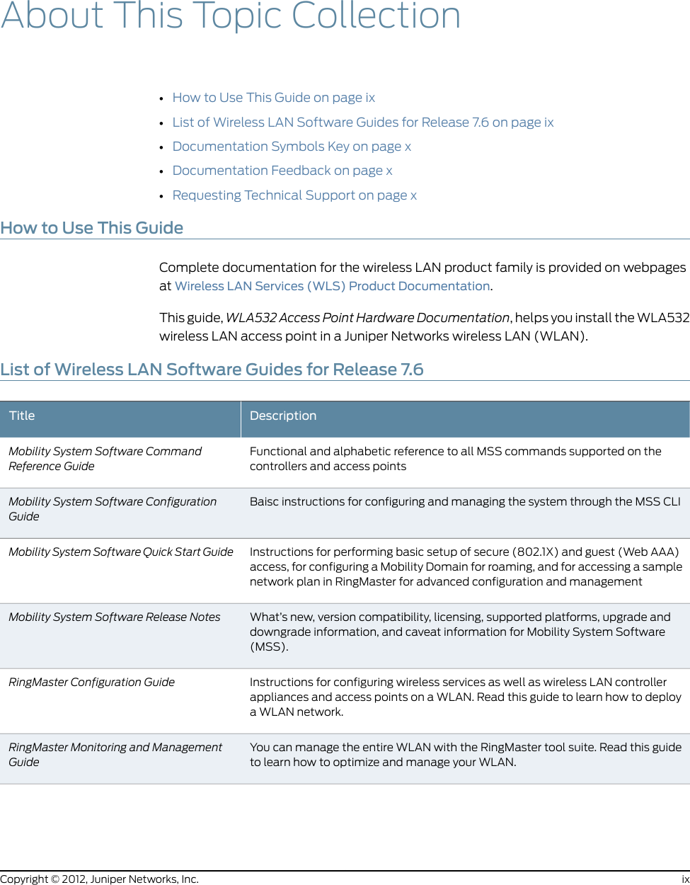 About This Topic Collection•How to Use This Guide on page ix•List of Wireless LAN Software Guides for Release 7.6 on page ix•Documentation Symbols Key on page x•Documentation Feedback on page x•Requesting Technical Support on page xHow to Use This GuideComplete documentation for the wireless LAN product family is provided on webpagesat Wireless LAN Services (WLS) Product Documentation.This guide, WLA532 Access Point Hardware Documentation, helps you install the WLA532wireless LAN access point in a Juniper Networks wireless LAN (WLAN).List of Wireless LAN Software Guides for Release 7.6DescriptionTitleFunctional and alphabetic reference to all MSS commands supported on thecontrollers and access pointsMobility System Software CommandReference GuideBaisc instructions for configuring and managing the system through the MSS CLIMobility System Software ConfigurationGuideInstructions for performing basic setup of secure (802.1X) and guest (Web AAA)access, for configuring a Mobility Domain for roaming, and for accessing a samplenetwork plan in RingMaster for advanced configuration and managementMobility System Software Quick Start GuideWhat’s new, version compatibility, licensing, supported platforms, upgrade anddowngrade information, and caveat information for Mobility System Software(MSS).Mobility System Software Release NotesInstructions for configuring wireless services as well as wireless LAN controllerappliances and access points on a WLAN. Read this guide to learn how to deploya WLAN network.RingMaster Configuration GuideYou can manage the entire WLAN with the RingMaster tool suite. Read this guideto learn how to optimize and manage your WLAN.RingMaster Monitoring and ManagementGuideixCopyright © 2012, Juniper Networks, Inc.