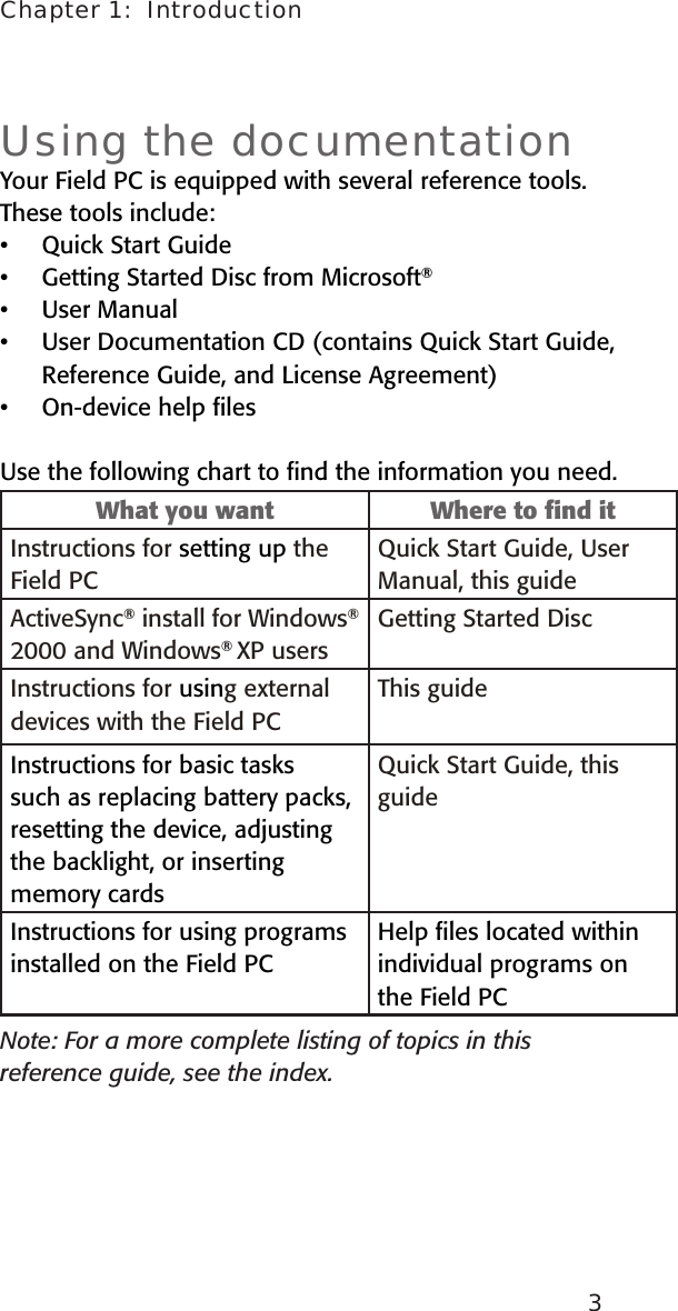 Chapter 1:  Introduction3Using the documentationYour Field PC is equipped with several reference tools. These tools include:Quick Start GuideGetting Started Disc from Microsoft®User ManualUser Documentation CD (contains Quick Start Guide,  Reference Guide, and License Agreement)On-device help ﬁlesUse the following chart to ﬁnd the information you need.What you want Where to ﬁnd itInstructions for setting up the Field PCQuick Start Guide, User Manual, this guideActiveSync® install for Windows® 2000 and Windows® XP usersGetting Started DiscInstructions for using external devices with the Field PCThis guideInstructions for basic tasks such as replacing battery packs, resetting the device, adjusting the backlight, or inserting memory cardsQuick Start Guide, this guideInstructions for using programs installed on the Field PCHelp ﬁles located within individual programs on the Field PCNote: For a more complete listing of topics in this reference guide, see the index.  •••••