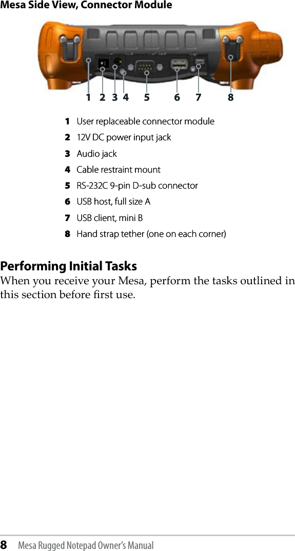 8 Mesa Rugged Notepad Owner’s ManualMesa Side View, Connector ModulePerforming Initial TasksWhen you receive your Mesa, perform the tasks outlined in this section before rst use.  1  User replaceable connector module 2  12V DC power input jack   3  Audio jack 4  Cable restraint mount 5  RS-232C 9-pin D-sub connector 6  USB host, full size A 7  USB client, mini B 8  Hand strap tether (one on each corner)654321 7 8  1  User replaceable connector module 2  12V DC power input jack   3  Audio jack 4  Cable restraint mount 5  RS-232C 9-pin D-sub connector 6  USB host, full size A 7  USB client, mini B 8  Hand strap tether (one on each corner)654321 7 8