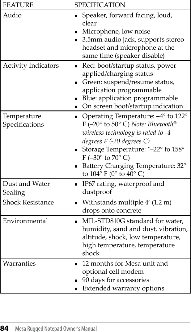 84 Mesa Rugged Notepad Owner’s ManualFEATURE SPECIFICATIONAudio Speaker, forward facing, loud, clearMicrophone, low noise3.5mm audio jack, supports stereo headset and microphone at the same time (speaker disable)Activity Indicators Red: boot/startup status, power applied/charging statusGreen: suspend/resume status, application programmableBlue: application programmableOn screen boot/startup indicationTemperature SpecicationsOperating Temperature: –4° to 122° F (–20° to 50° C) Note: Bluetooth® wireless technology is rated to -4 degrees F (-20 degrees C)Storage Temperature: *–22° to 158° F (–30° to 70° C) Baery Charging Temperature: 32° to 104° F (0° to 40° C)Dust and Water SealingIP67 rating, waterproof and dustproofShock Resistance Withstands multiple 4’ (1.2 m) drops onto concreteEnvironmental MIL-STD810G standard for water, humidity, sand and dust, vibration, altitude, shock, low temperature, high temperature, temperature shockWarranties 12 months for Mesa unit and optional cell modem90 days for accessoriesExtended warranty options