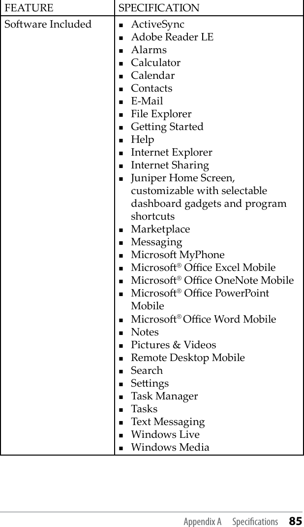 FEATURE SPECIFICATIONSoware Included ActiveSyncAdobe Reader LEAlarmsCalculatorCalendarContactsE-MailFile ExplorerGeing StartedHelpInternet ExplorerInternet SharingJuniper Home Screen, customizable with selectable dashboard gadgets and program shortcutsMarketplaceMessagingMicroso MyPhoneMicroso® Oce Excel Mobile Microso® Oce OneNote MobileMicroso® Oce PowerPoint MobileMicroso® Oce Word MobileNotesPictures &amp; VideosRemote Desktop MobileSearchSeingsTask ManagerTasksText MessagingWindows LiveWindows MediaAppendix A  Specications 85