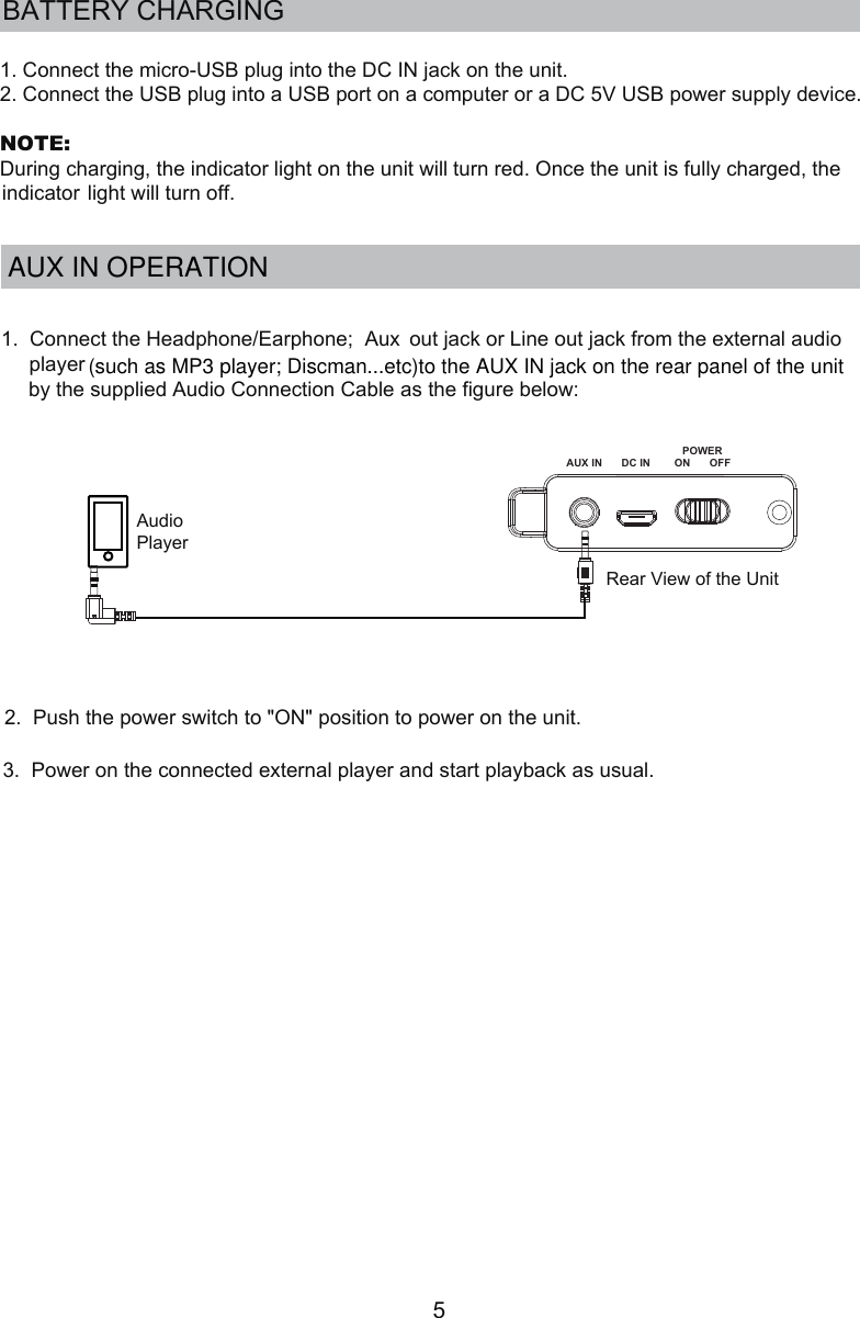 AUX IN DC INPOWERON OFF51.  Connect the Headphone/Earphone;  Aux  by the supplied Audio Connection Cable as the figure below:Audio Player3.  Power on the connected external player and start playback as usual. out jack or Line out jack from the external audio  player 2.  Push the power switch to &quot;ON&quot; position to power on the unit.Rear View of the UnitBATTERY CHARGING1. Connect the micro-USB plug into the DC IN jack on the unit.2. Connect the USB plug into a USB port on a computer or a DC 5V USB power supply device.NOTE:light will turn off.AUX IN OPERATION(such as MP3 player; Discman...etc)to the AUX IN jack on the rear panel of the unit During charging, the indicator light on the unit will turn red. Once the unit is fully charged, the indicator 