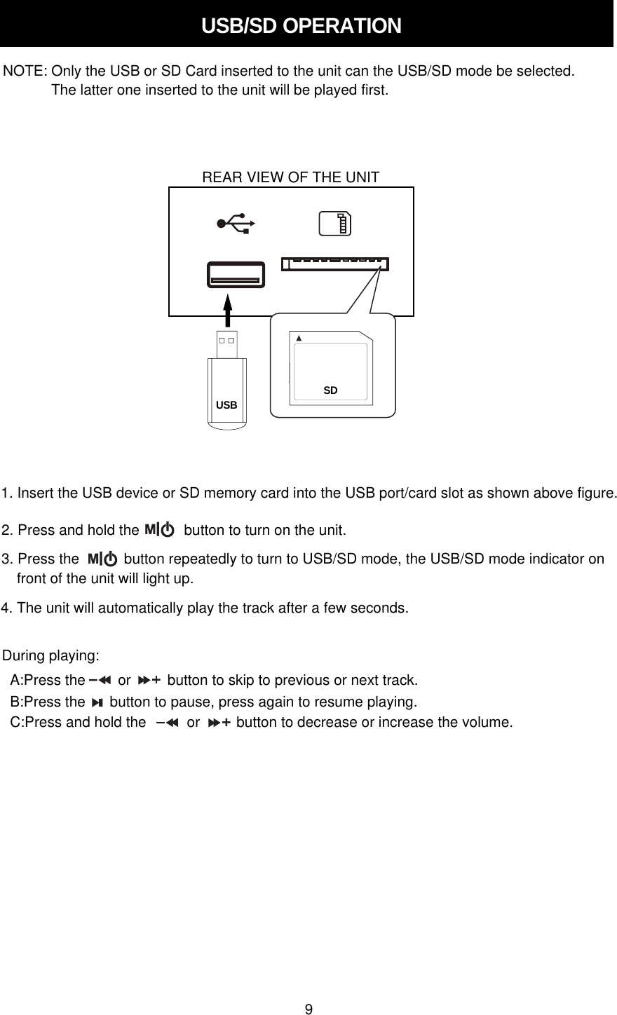 USB/Sd OPERATIONNOTE: Only the USB or SD Card inserted to the unit can the USB/SD mode be selected.The latter one inserted to the unit will be played first.USBSd1. Insert the USB device or SD memory card into the USB port/card slot as shown above figure.2. Press and hold the           button to turn on the unit.M3. Press the           button repeatedly to turn to USB/SD mode, the USB/SD mode indicator onMfront of the unit will light up.During playing:A:Press the        or         button to skip to previous or next track.B:Press the      button to pause, press again to resume playing.C:Press and hold the          or         button to decrease or increase the volume.4. The unit will automatically play the track after a few seconds.REAR VIEW OF THE UNIT9