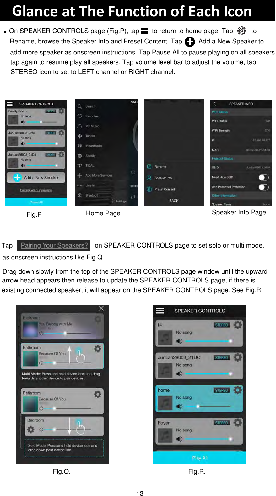 Glance at The Function of Each Icon On SPEAKER CONTROLS page (Fig.P), tap       to return to home page. Tap          to  Fig.PRename, browse the Speaker Info and Preset Content. Tap         Add a New Speaker toadd more speaker as onscreen instructions. Tap Pause All to pause playing on all speakers, tap again to resume play all speakers. Tap volume level bar to adjust the volume, tap Home Page Speaker Info PageSTEREO icon to set to LEFT channel or RIGHT channel.Tap  on SPEAKER CONTROLS page to set solo or multi mode. as onscreen instructions like Fig.Q. Fig.Q.  Fig.R. Drag down slowly from the top of the SPEAKER CONTROLS page window until the upward arrow head appears then release to update the SPEAKER CONTROLS page, if there is  existing connected speaker, it will appear on the SPEAKER CONTROLS page. See Fig.R.13