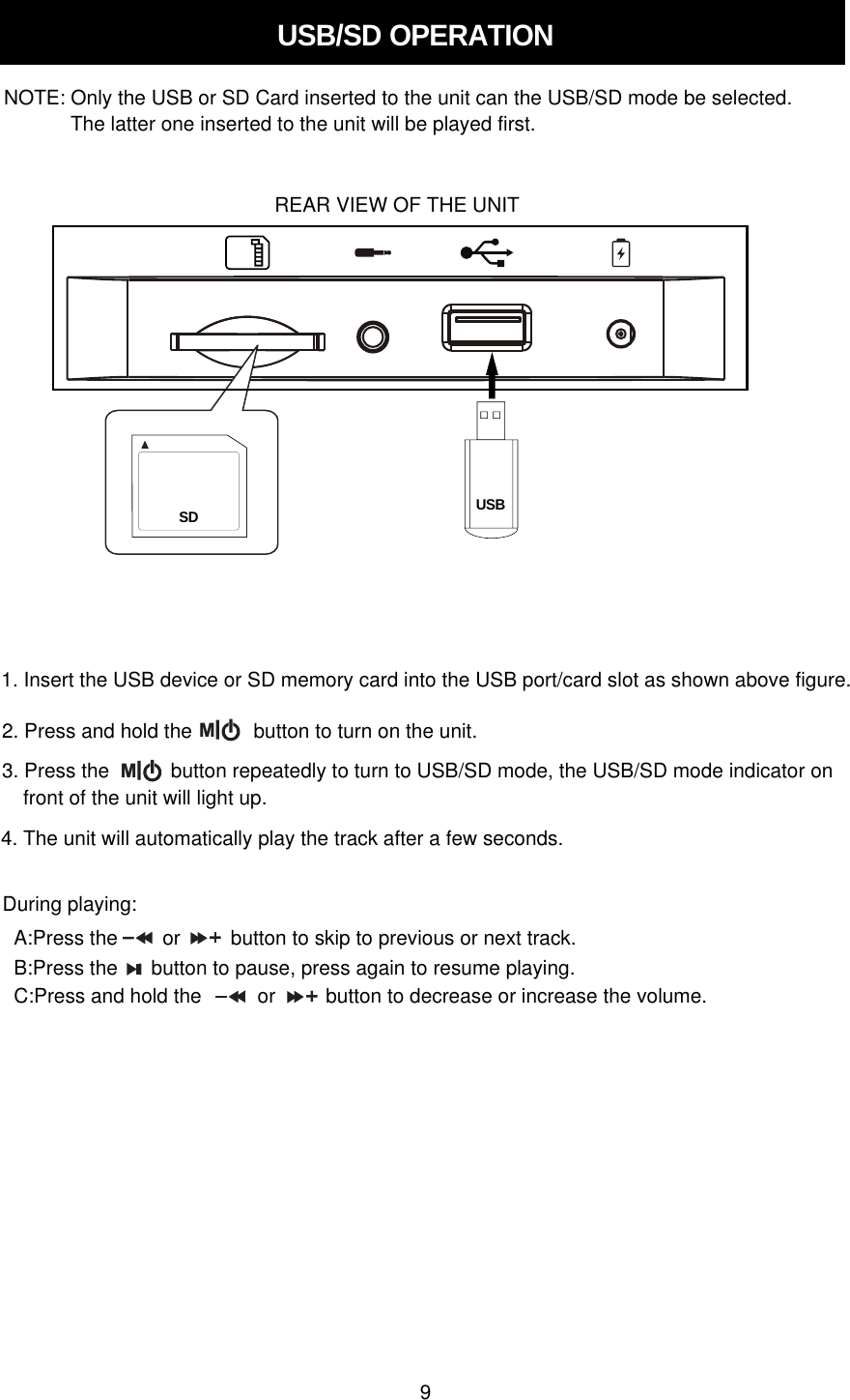 USB/Sd OPERATIONNOTE: Only the USB or SD Card inserted to the unit can the USB/SD mode be selected.The latter one inserted to the unit will be played first.1. Insert the USB device or SD memory card into the USB port/card slot as shown above figure.2. Press and hold the           button to turn on the unit.M3. Press the           button repeatedly to turn to USB/SD mode, the USB/SD mode indicator onMfront of the unit will light up.During playing:A:Press the        or         button to skip to previous or next track.B:Press the      button to pause, press again to resume playing.C:Press and hold the          or         button to decrease or increase the volume.4. The unit will automatically play the track after a few seconds.REAR VIEW OF THE UNIT9Sd USB