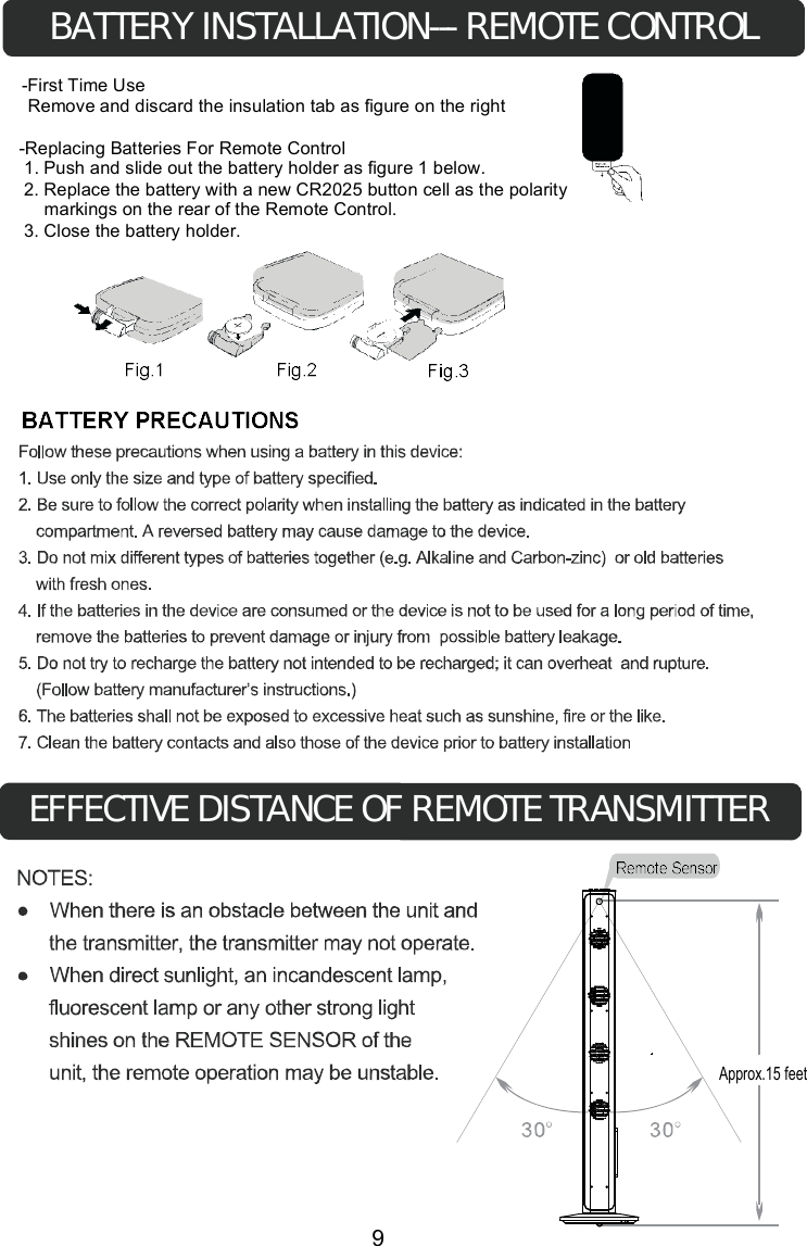 BATTERY INSTALLATION--- REMOTE CONTROLEFFECTIVE DISTANCE OF REMOTE TRANSMITTER