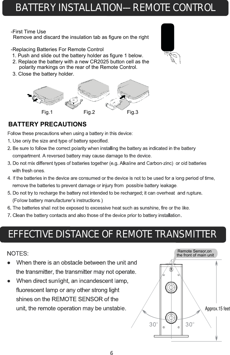 Fig.1 Fig.2 Fig.3BATTERY PRECAUTIONSEFFECTIVE DISTANCE OF REMOTE TRANSMITTERApprox.15 feet-First Time UseRemove and discard the insulation tab as figure on the right-Replacing Batteries For Remote Control1. Push and slide out the battery holder as figure 1 below.2. Replace the battery with a new CR2025 button cell as the     polarity markings on the rear of the Remote Control. 3. Close the battery holder..Remote Sensor, onthe front of main unitBATTERY INSTALLATION--- REMOTE CONTROL