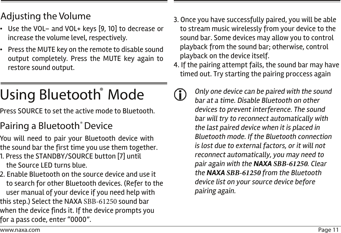 Page 11 of Junlan Electronic SBB-61250 CH BLUETOOTH SOUNDBAR SPEAKER User Manual NHS 2012 English Manual v1 4   FINAL   1 8 18