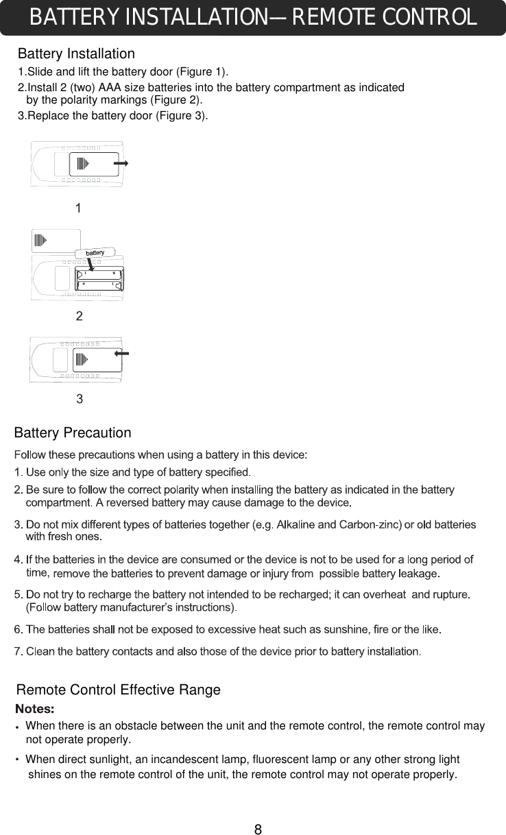 BATTERY INSTALLATION--- REMOTE CONTROLBattery InstallationRemote Control Effective Rangecontrol of the unit, the remote control may not operate properly.  When there is an obstacle between the unit and the remote control, the remote control may not operate properly.When direct sunlight, an incandescent lamp, fluorescent lamp or any other strong light shines on the remote Battery Precaution1.Slide and lift the battery door (Figure 1).2.Install 2 (two) AAA size batteries into the battery compartment as indicated by the polarity markings (Figure 2).3.Replace the battery door (Figure 3).8