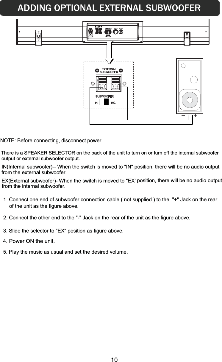 ADDING OPTIONAL EXTERNAL SUBWOOFER+-There is a SPEAKER SELECTOR on the back of the unit to turn on or turn off the internal subwoofer output or external subwoofer output.IN(Internal subwoofer)-- When the switch is moved to &quot;IN&quot; position, there will be no audio output  from the external subwoofer.EX(External subwoofer)- When the switch is moved to &quot;EX&quot; position, there will be no audio output from the internal subwoofer. NOTE: Before connecting, disconnect power.1. Connect one end of subwoofer connection cable ( not supplied ) to the  &quot;+&quot; Jack on the rear of the unit as the figure above.2. Connect the other end to the &quot;-&quot; Jack on the rear of the unit as the figure above.3. Slide the selector to &quot;EX&quot; position as figure above.5. Play the music as usual and set the desired volume. 104. Power ON the unit.