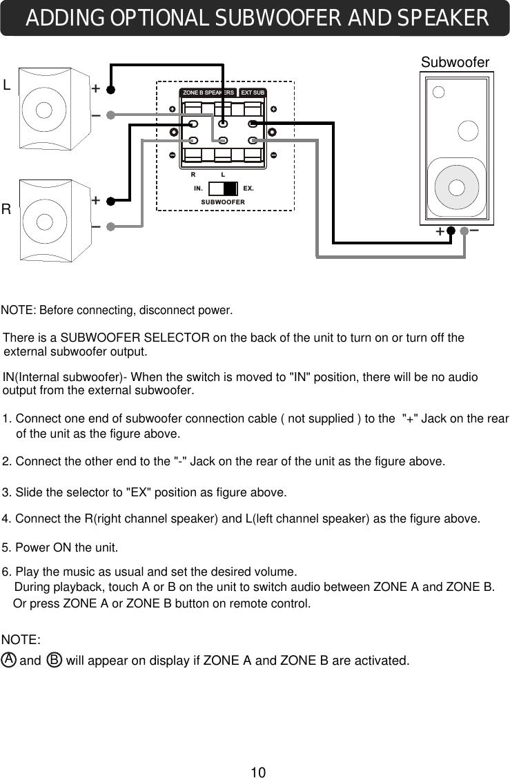 ADDING OPTIONAL SUBWOOFER AND SPEAKER+-There is a SUBWOOFER SELECTOR on the back of the unit to turn on or turn off the  external subwoofer output.IN(Internal subwoofer)- When the switch is moved to &quot;IN&quot; position, there will be no audio   output from the external subwoofer.NOTE: Before connecting, disconnect power.1. Connect one end of subwoofer connection cable ( not supplied ) to the  &quot;+&quot; Jack on the rear of the unit as the figure above.2. Connect the other end to the &quot;-&quot; Jack on the rear of the unit as the figure above.3. Slide the selector to &quot;EX&quot; position as figure above.6. Play the music as usual and set the desired volume. 5. Power ON the unit.IN . E X.ZONE B SPEAKERS EXT  UBSR LSU B WOOFER+-+-4. Connect the R(right channel speaker) and L(left channel speaker) as the figure above.LRSubwooferDuring playback, touch A or B on the unit to switch audio between ZONE A and ZONE B.Or press ZONE A or ZONE B button on remote control.ABand will appear on display if ZONE A and ZONE B are activated.NOTE:10