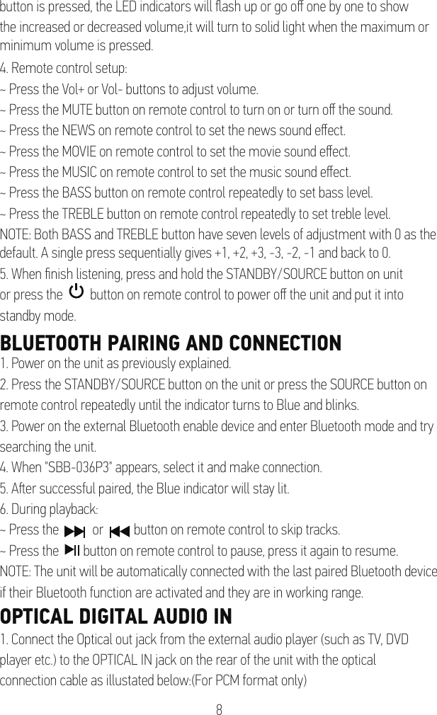 Page 9 of Junlan Electronic SBB70759 Bluetooth soundbar User Manual SBB 036P3                  