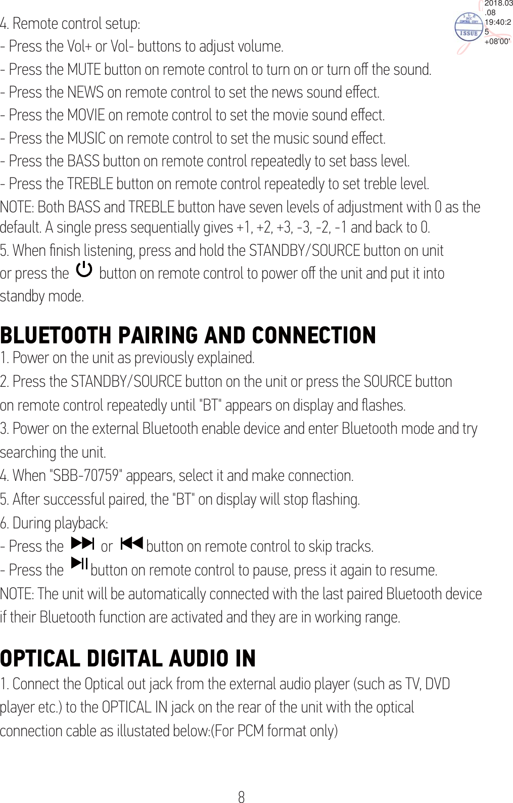 Page 9 of Junlan Electronic SBB70759 Bluetooth soundbar User Manual SBB 55210                  V4