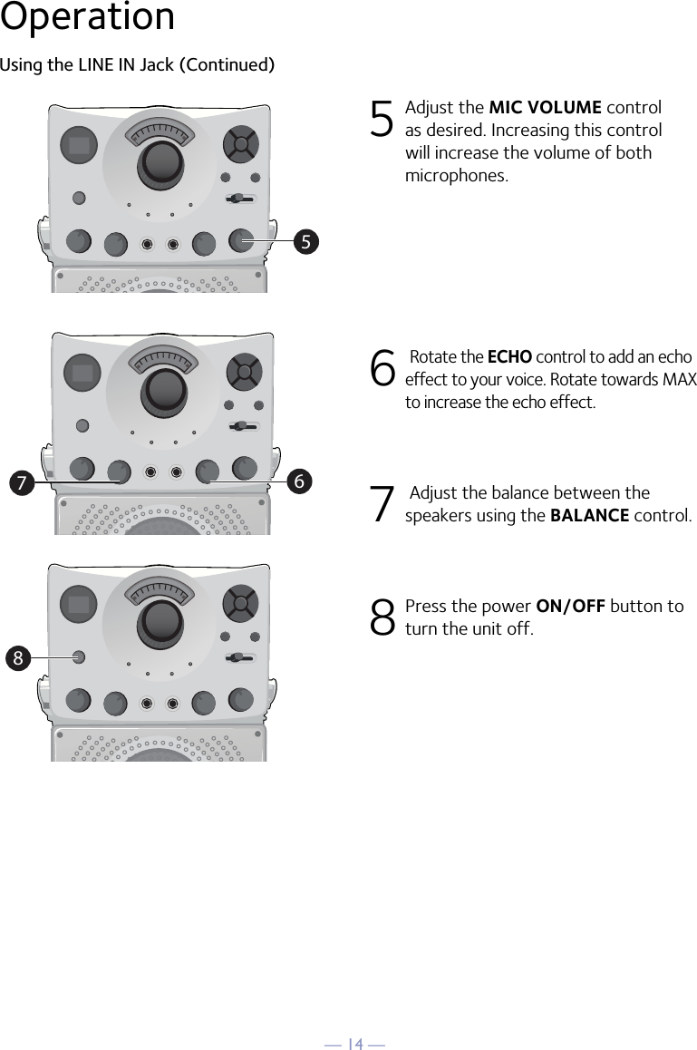 — 14 —OperationUsing the LINE IN Jack (Continued)5  Adjust the MIC VOLUME control as desired. Increasing this control will increase the volume of both microphones.6  Rotate the ECHO control to add an echo effect to your voice. Rotate towards MAX to increase the echo effect.7  Adjust the balance between the speakers using the BALANCE control.8 Press the power ON/OFF button to turn the unit off.5678