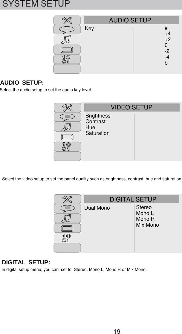 19SYSTEM SETUPAUDIO SETUPKeySE T U P:AU DIOSelect the audio setup to set the audio key level.VIDEO SETUPBrightnessContrastHueSaturationSE T U P:Select the video setup to set the panel quality such as brightness, contrast, hue and saturation.DIGITAL SETUPDual MonoDIGIT ALIn digital setup menu, you can  set to  Stereo, Mono L, Mono R or Mix Mono.#+4+20-2-4bStereoMono LMono RMix Mono
