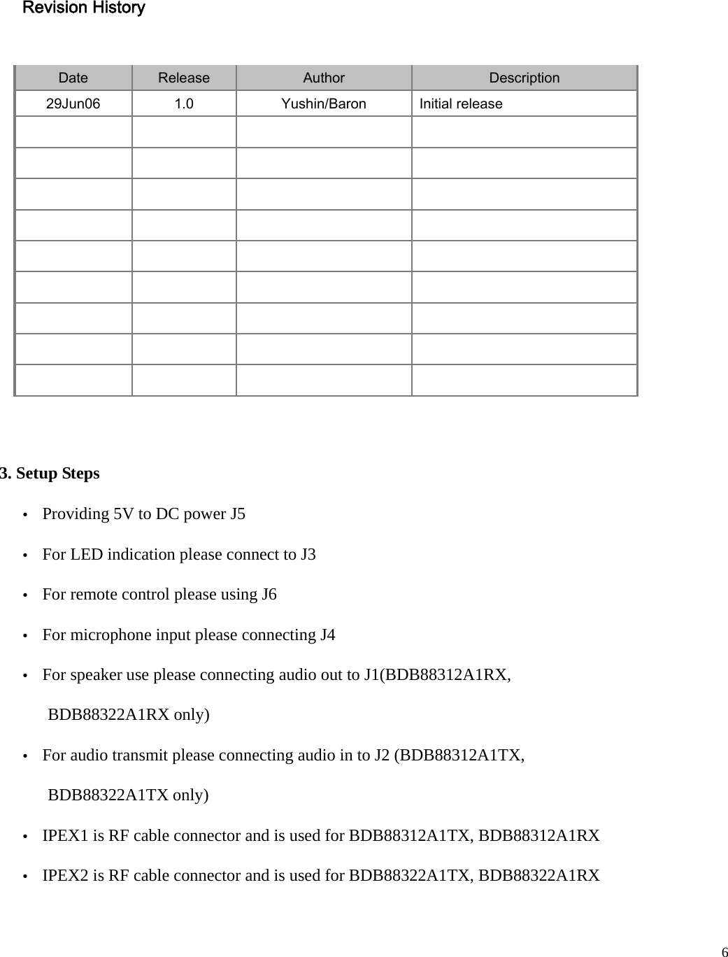   6Revision History  Date    Release    Author    Description   29Jun06    1.0    Yushin/Baron    Initial release                                                  3. Setup Steps   Providing 5V to DC power J5   For LED indication please connect to J3     For remote control please using J6   For microphone input please connecting J4   For speaker use please connecting audio out to J1(BDB88312A1RX,   BDB88322A1RX only)   For audio transmit please connecting audio in to J2 (BDB88312A1TX,   BDB88322A1TX only)   IPEX1 is RF cable connector and is used for BDB88312A1TX, BDB88312A1RX   IPEX2 is RF cable connector and is used for BDB88322A1TX, BDB88322A1RX   