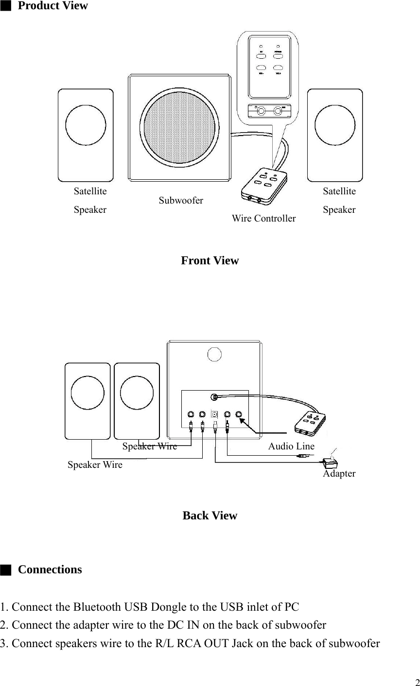  ■  Product View  Satellite Speaker Satellite Speaker Subwoofer Wire Controller   Front View    Audio Line Speaker Wire Speaker Wire  Adapter Back View   ■  Connections  1. Connect the Bluetooth USB Dongle to the USB inlet of PC   2. Connect the adapter wire to the DC IN on the back of subwoofer   3. Connect speakers wire to the R/L RCA OUT Jack on the back of subwoofer    2