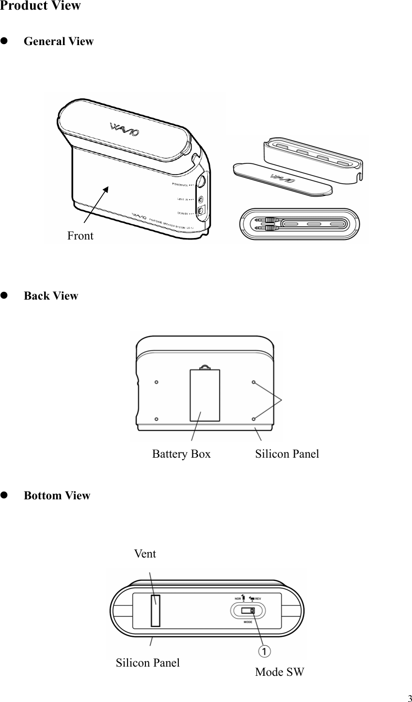  Product View  z General View    Front   z Back View   Battery Box  Silicon Panel   z Bottom View    Vent  Silicon Panel  Mode SW  3