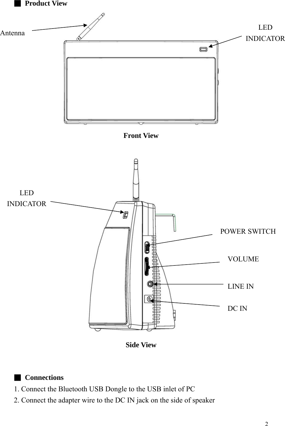  ■  Product View  LED INDICATOR Antenna Front View   LED INDICATOR POWER SWITCH VOLUME LINE IN DC IN Side View   ■  Connections 1. Connect the Bluetooth USB Dongle to the USB inlet of PC   2. Connect the adapter wire to the DC IN jack on the side of speaker    2