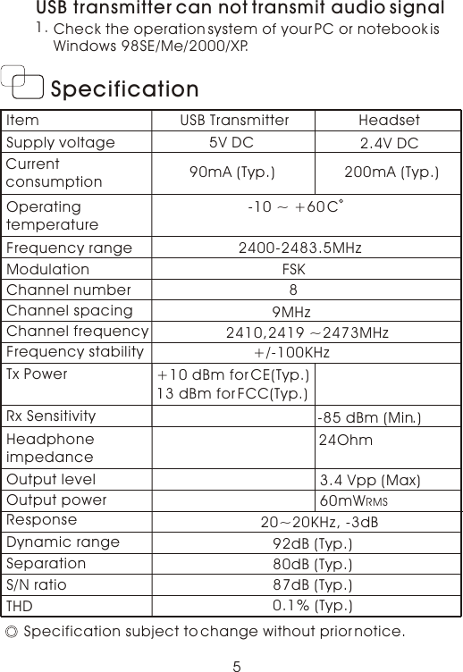 5SpecificationItemSupply voltageCurrent consumptionOperating temperatureFrequency rangeModulationChannel numberChannel spacingChannel frequencyFrequency stabilityTx Power ResponseDynamic rangeSeparationS/N ratioTHDRx SensitivityHeadphone impedanceUSB Transmitter Headset5V DC90mA (Typ.)-10 ~ +60 C2400-2483.5MHzFSK89MHz2410,2419 ~2473MHz+/-100KHz+10 dBm for CE(Typ.)-85 dBm (Min.)13 dBm for FCC(Typ.)24Ohm3.4 Vpp (Max)60mWRMSOutput levelOutput power20~20KHz, -3dB92dB (Typ.)80dB (Typ.)87dB (Typ.)0.1% (Typ.)Specification subject to change without prior notice.2.4V DC200mA (Typ.)USB transmitter can not transmit audio signal1. Check the operation system of your PC or notebook isWindows 98SE/Me/2000/XP.