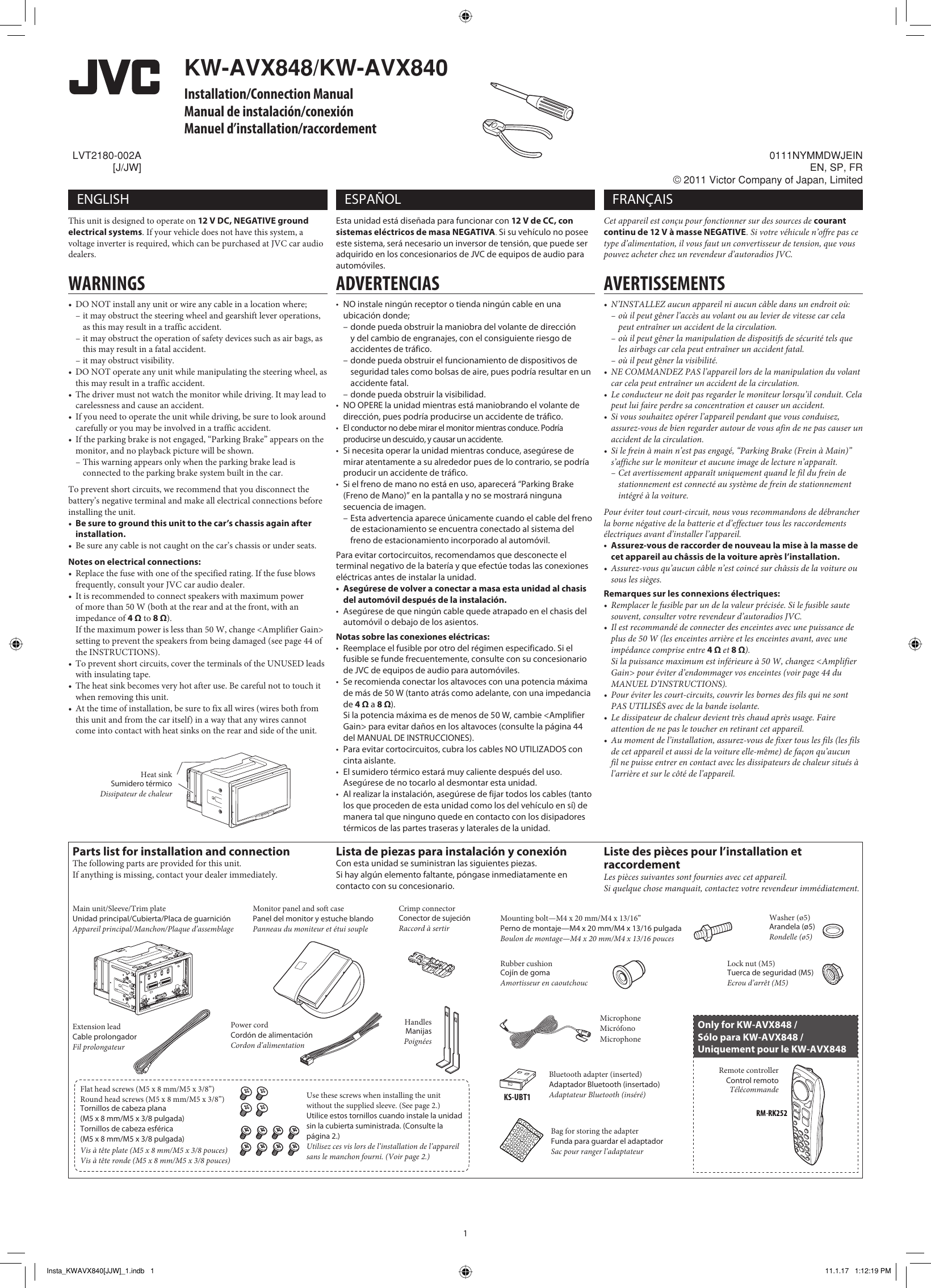 Page 1 of 6 - Jvc Jvc-Car-Stereo-System-Kw-Avx840-Users-Manual- KW-AVX848/KW-AVX840 [J/JW]  Jvc-car-stereo-system-kw-avx840-users-manual