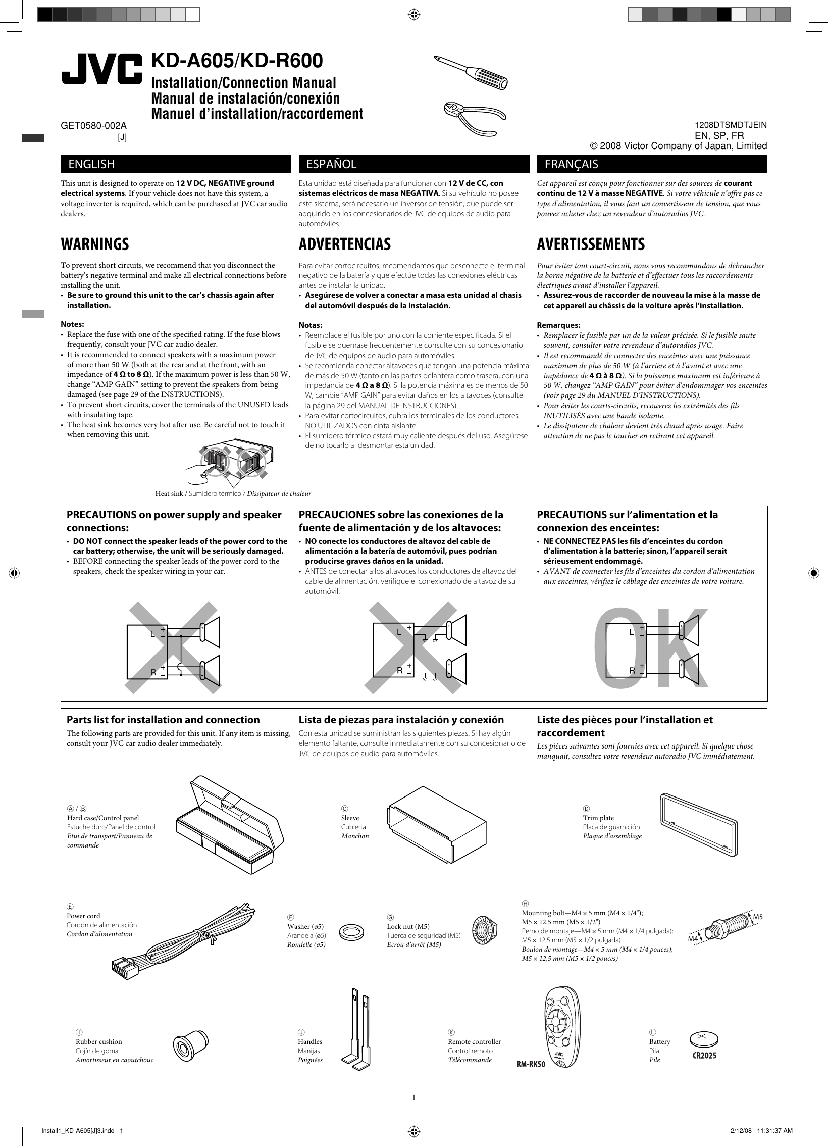 Page 1 of 4 - Jvc Jvc-Kd-R600-Installation-Manual- Install1_KD-A605[J]3  Jvc-kd-r600-installation-manual