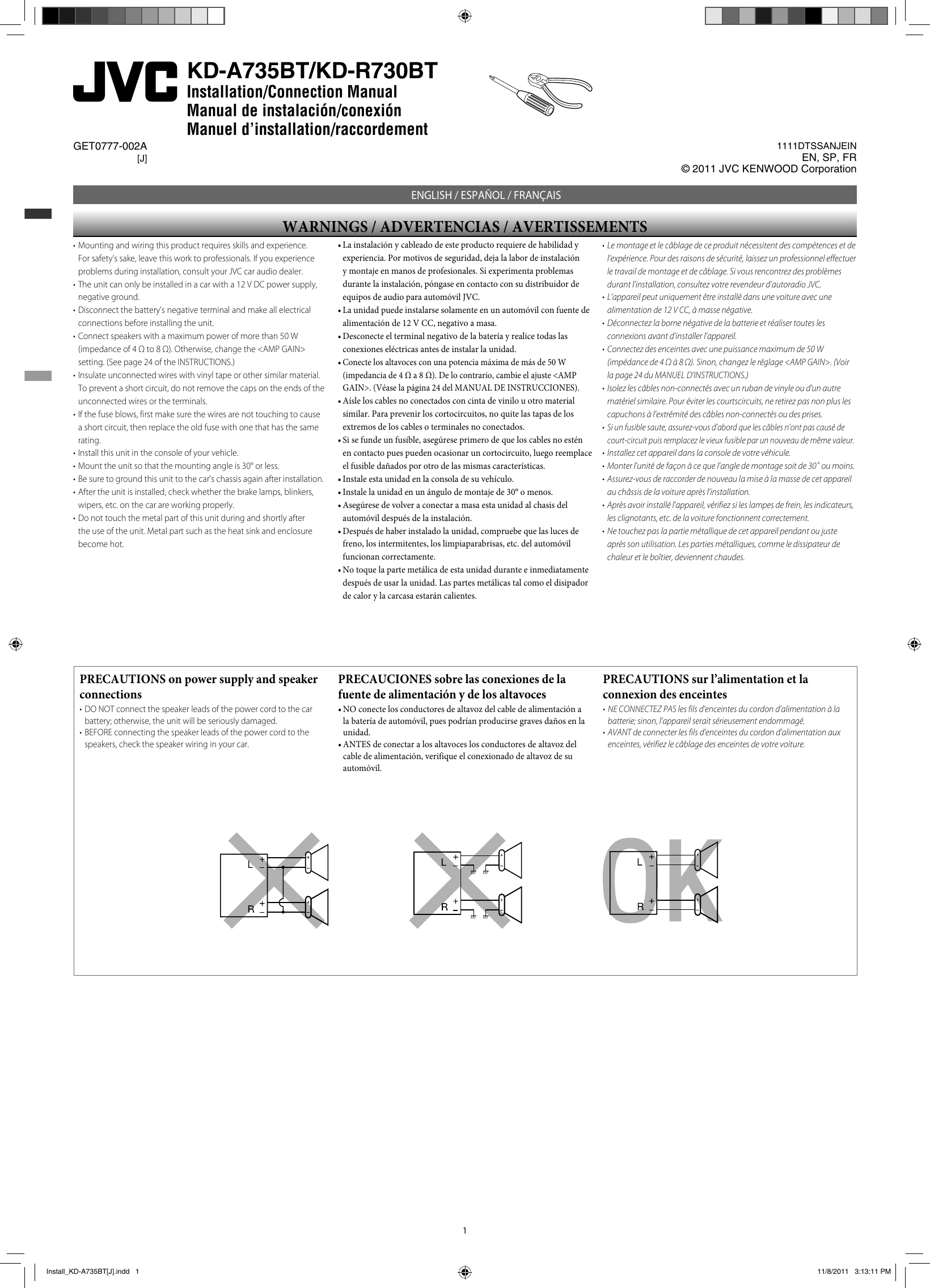 Page 1 of 4 - Jvc Jvc-Kd-R730Bt-Installation-Manual- KD-A735BT/KD-R730BT  Jvc-kd-r730bt-installation-manual