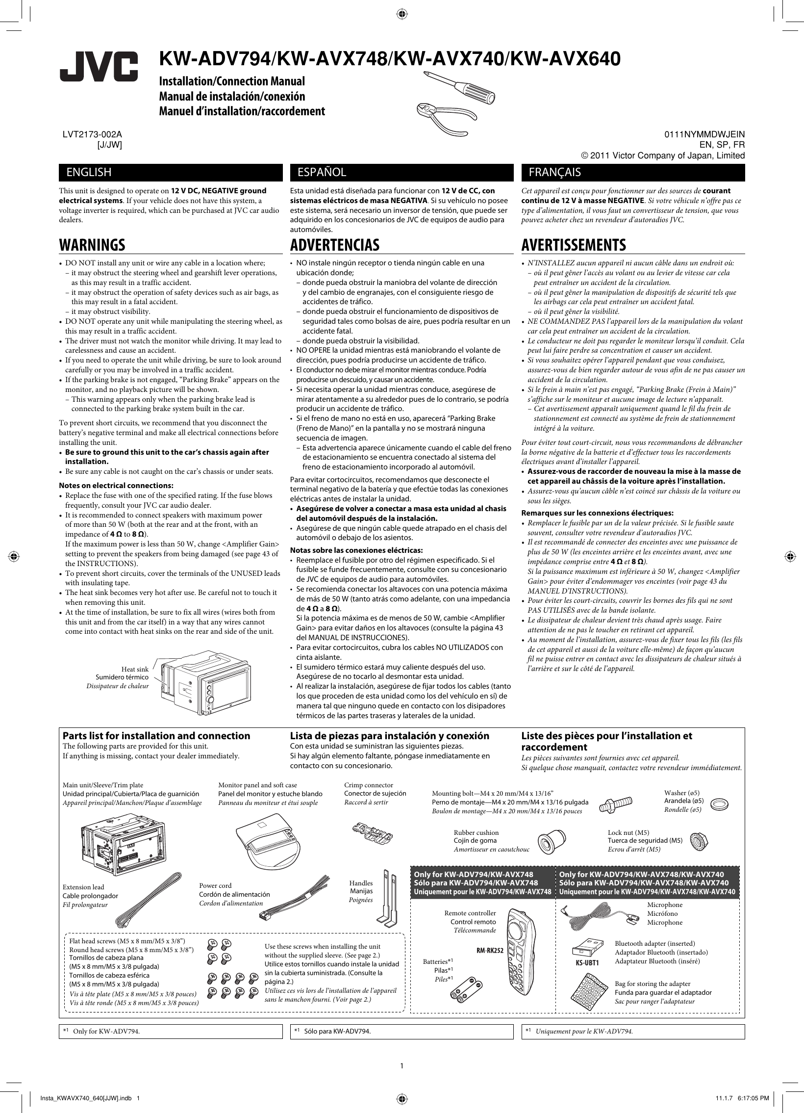 Page 1 of 6 - Jvc Jvc-Kw-Adv794-Installation-Manual- KW-ADV794/KW-AVX748/KW-AVX740/KW-AVX640 [J/JW]  Jvc-kw-adv794-installation-manual