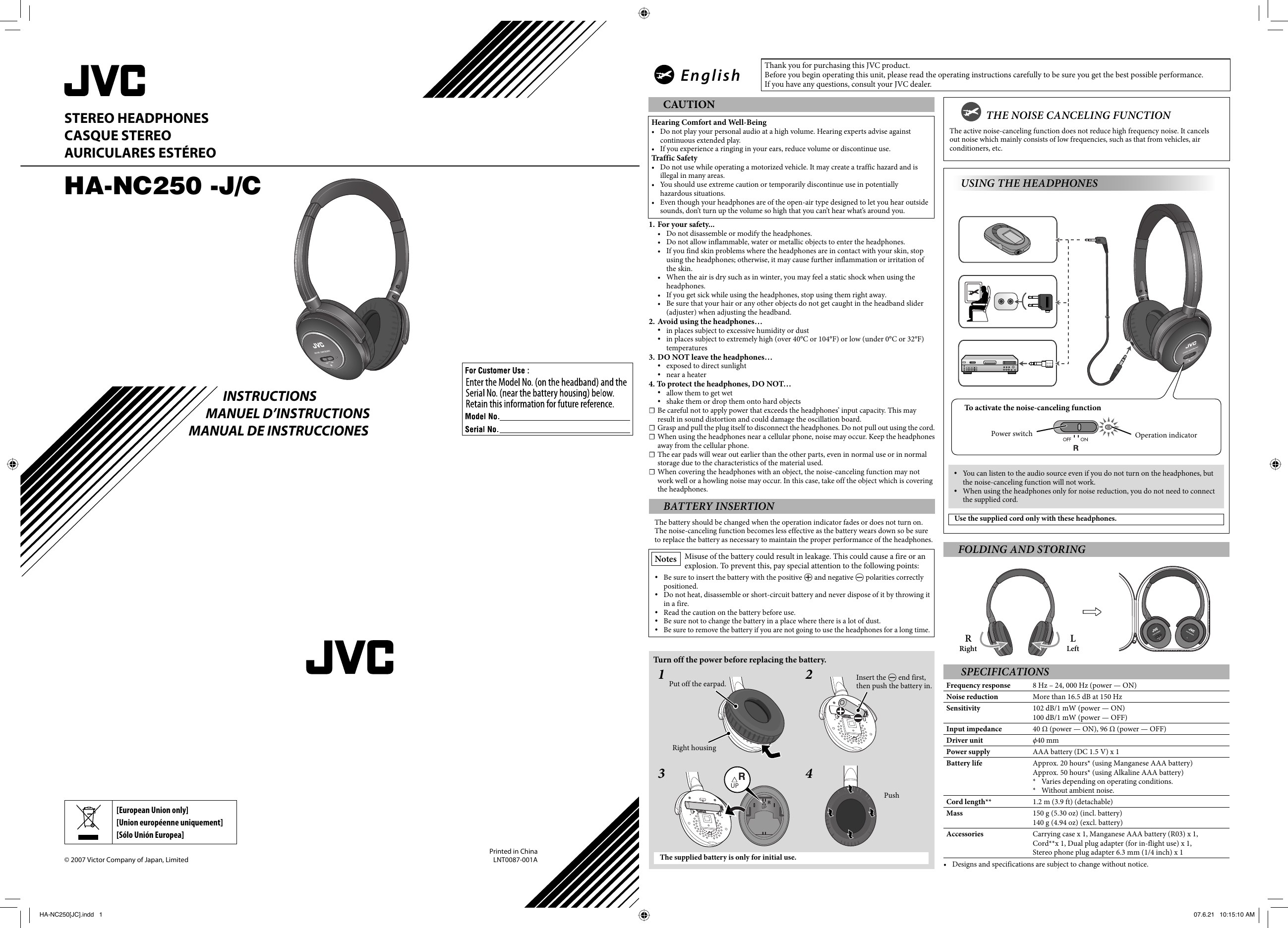 Page 1 of 2 - Jvc Jvc-Noise-Canceling-Headphones-Hanc250-Users-Manual- HA-NC250[JC]  Jvc-noise-canceling-headphones-hanc250-users-manual