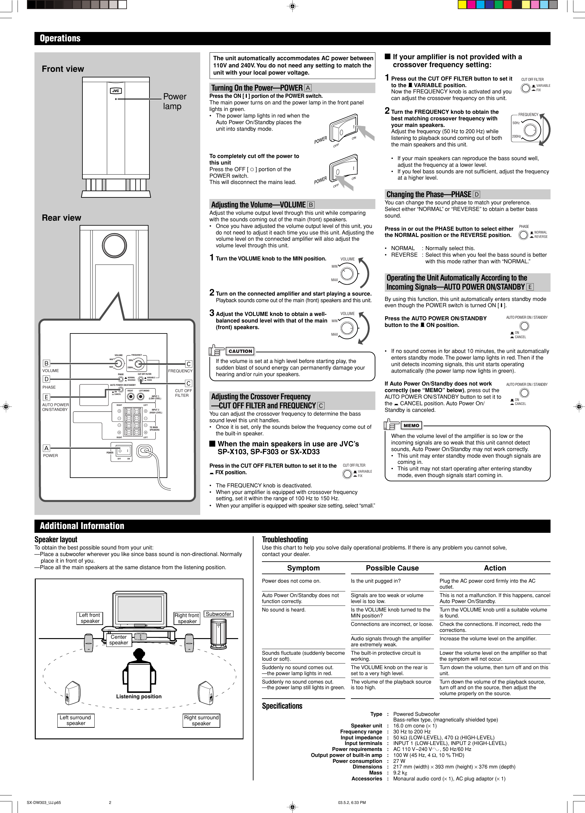Page 2 of 2 - Jvc Jvc-Powered-Subwoofer-Sx-Dw303-Users-Manual- SX-DW303_UJ.p65  Jvc-powered-subwoofer-sx-dw303-users-manual