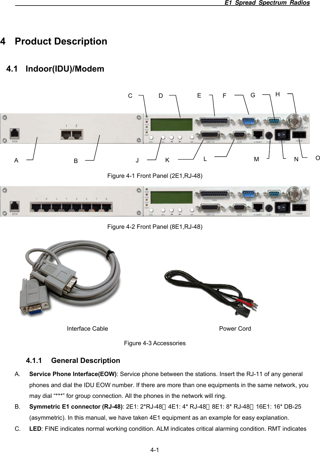                                                                        E1 Spread Spectrum Radios                  4-1 4 Product Description 4.1 Indoor(IDU)/Modem       Figure 4-1 Front Panel (2E1,RJ-48)  Figure 4-2 Front Panel (8E1,RJ-48)                Interface Cable            Power Cord Figure 4-3 Accessories 4.1.1 General Description A.  Service Phone Interface(EOW): Service phone between the stations. Insert the RJ-11 of any general phones and dial the IDU EOW number. If there are more than one equipments in the same network, you may dial &ldquo;***&rdquo; for group connection. All the phones in the network will ring. B.  Symmetric E1 connector (RJ-48): 2E1: 2*RJ-48、4E1: 4* RJ-48、8E1: 8* RJ-48、16E1: 16* DB-25 (asymmetric). In this manual, we have taken 4E1 equipment as an example for easy explanation. C.  LED: FINE indicates normal working condition. ALM indicates critical alarming condition. RMT indicates A B CEJFG  HKLM  NOD