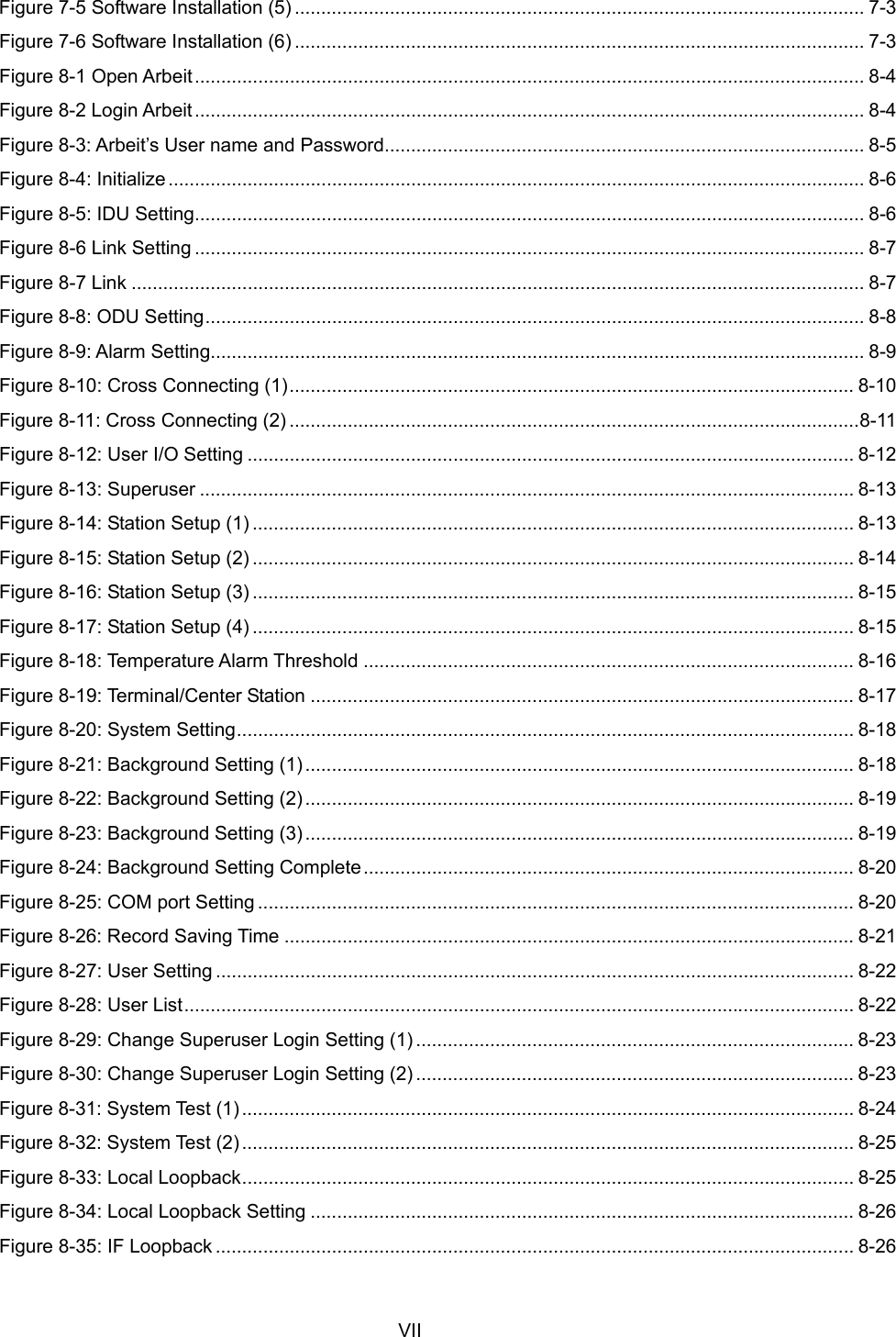   VII Figure 7-5 Software Installation (5) ............................................................................................................ 7-3 Figure 7-6 Software Installation (6) ............................................................................................................ 7-3 Figure 8-1 Open Arbeit ............................................................................................................................... 8-4 Figure 8-2 Login Arbeit ............................................................................................................................... 8-4 Figure 8-3: Arbeit&rsquo;s User name and Password........................................................................................... 8-5 Figure 8-4: Initialize .................................................................................................................................... 8-6 Figure 8-5: IDU Setting............................................................................................................................... 8-6 Figure 8-6 Link Setting ............................................................................................................................... 8-7 Figure 8-7 Link ........................................................................................................................................... 8-7 Figure 8-8: ODU Setting............................................................................................................................. 8-8 Figure 8-9: Alarm Setting............................................................................................................................ 8-9 Figure 8-10: Cross Connecting (1)........................................................................................................... 8-10 Figure 8-11: Cross Connecting (2) ............................................................................................................8-11 Figure 8-12: User I/O Setting ................................................................................................................... 8-12 Figure 8-13: Superuser ............................................................................................................................ 8-13 Figure 8-14: Station Setup (1) .................................................................................................................. 8-13 Figure 8-15: Station Setup (2) .................................................................................................................. 8-14 Figure 8-16: Station Setup (3) .................................................................................................................. 8-15 Figure 8-17: Station Setup (4) .................................................................................................................. 8-15 Figure 8-18: Temperature Alarm Threshold ............................................................................................. 8-16 Figure 8-19: Terminal/Center Station ....................................................................................................... 8-17 Figure 8-20: System Setting..................................................................................................................... 8-18 Figure 8-21: Background Setting (1) ........................................................................................................ 8-18 Figure 8-22: Background Setting (2) ........................................................................................................ 8-19 Figure 8-23: Background Setting (3) ........................................................................................................ 8-19 Figure 8-24: Background Setting Complete............................................................................................. 8-20 Figure 8-25: COM port Setting ................................................................................................................. 8-20 Figure 8-26: Record Saving Time ............................................................................................................ 8-21 Figure 8-27: User Setting ......................................................................................................................... 8-22 Figure 8-28: User List............................................................................................................................... 8-22 Figure 8-29: Change Superuser Login Setting (1) ................................................................................... 8-23 Figure 8-30: Change Superuser Login Setting (2) ................................................................................... 8-23 Figure 8-31: System Test (1) .................................................................................................................... 8-24 Figure 8-32: System Test (2) .................................................................................................................... 8-25 Figure 8-33: Local Loopback.................................................................................................................... 8-25 Figure 8-34: Local Loopback Setting ....................................................................................................... 8-26 Figure 8-35: IF Loopback ......................................................................................................................... 8-26 
