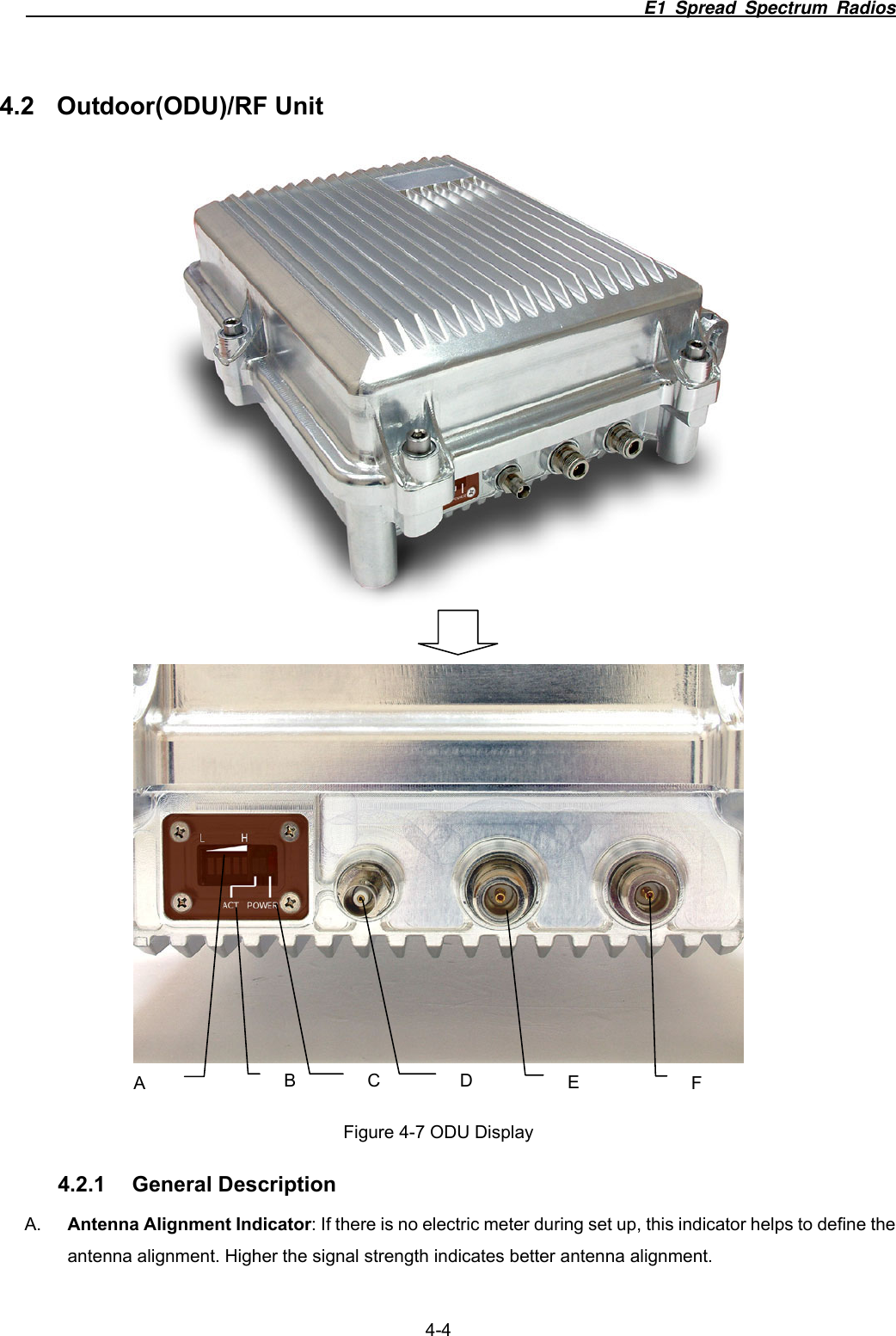                                                                        E1 Spread Spectrum Radios                  4-4 4.2 Outdoor(ODU)/RF Unit     Figure 4-7 ODU Display 4.2.1 General Description A.  Antenna Alignment Indicator: If there is no electric meter during set up, this indicator helps to define the antenna alignment. Higher the signal strength indicates better antenna alignment. E D C  F B A 